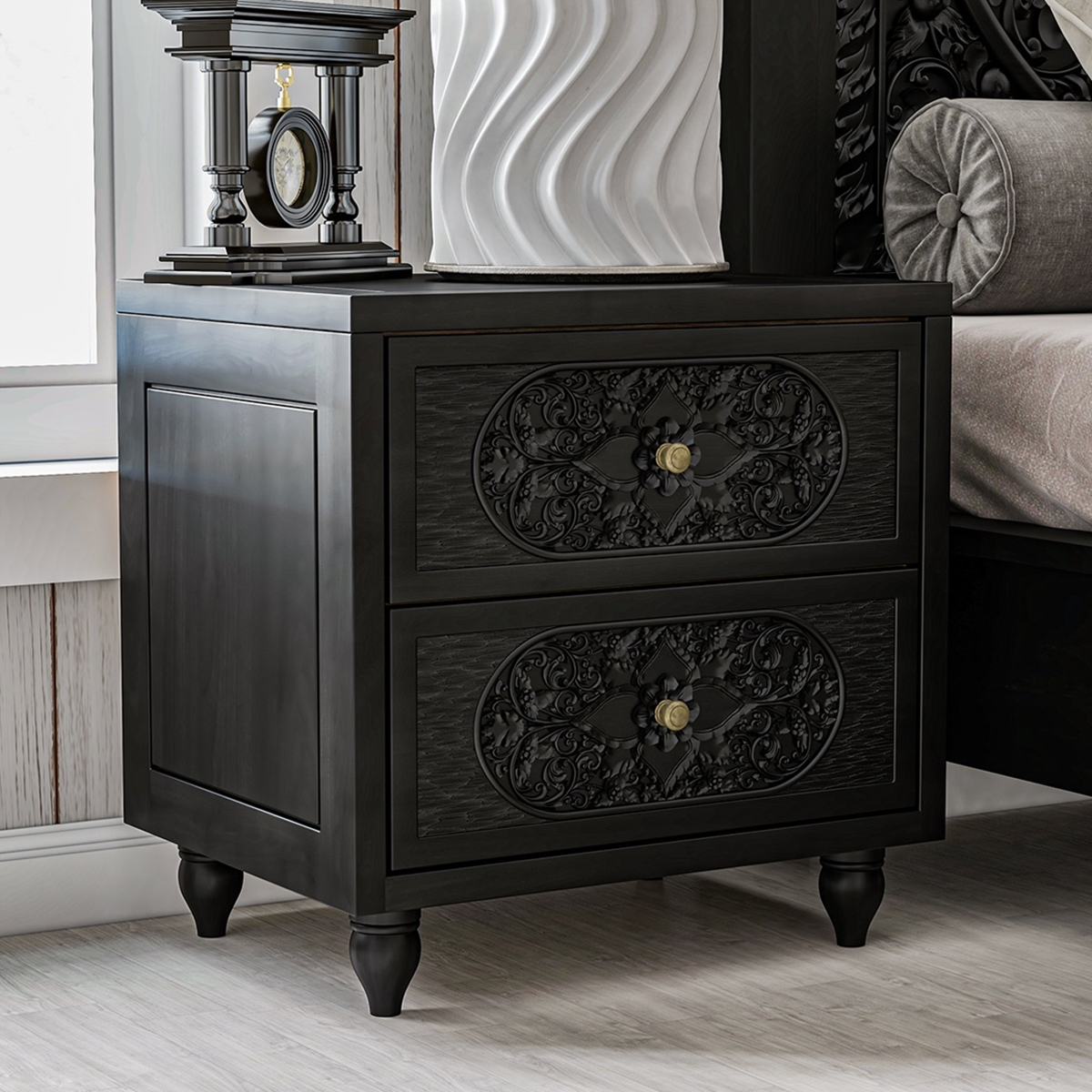 Treviso Solid Wood Hand-Carved 2 Drawers Nightstand inside The Hidden Beauty of Carved Woodwork in Nightstand Construction