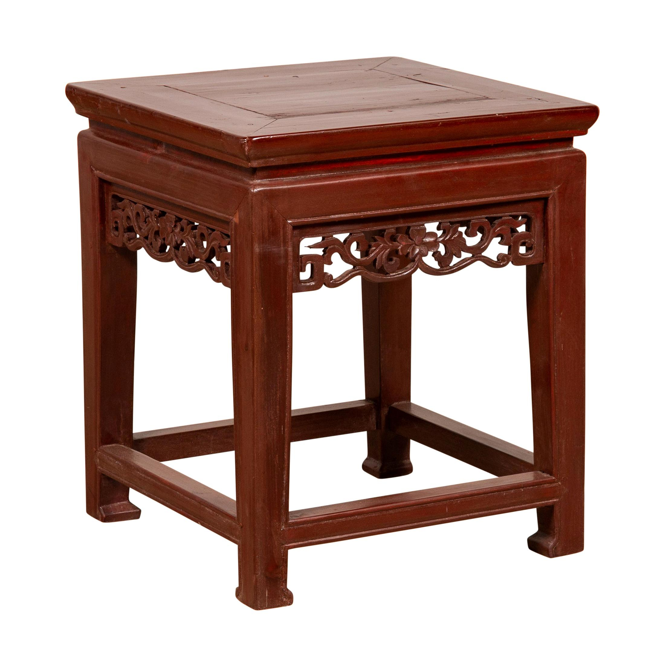 Vintage Chinese Side Table With Dark Red Patina And Foliage Hand Carved ... inside Understanding the Artistry Behind Chinese Distressed Brick Red Carving Furniture