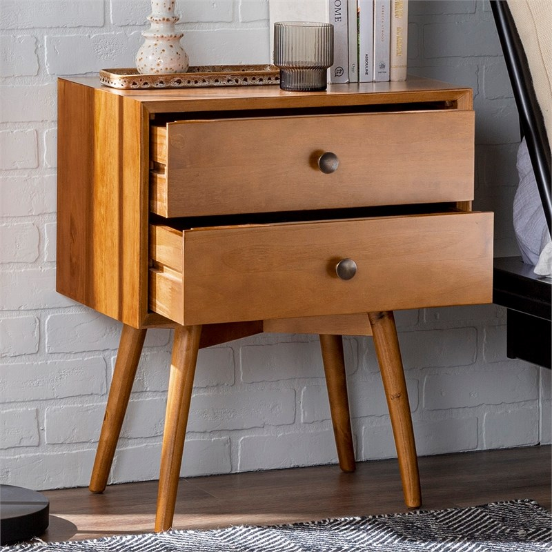 Walker Edison Mid-Century 2 Drawer Solid Wood Nightstand In Caramel ... for Mid-Century Design Principles in Contemporary Bedroom Decor