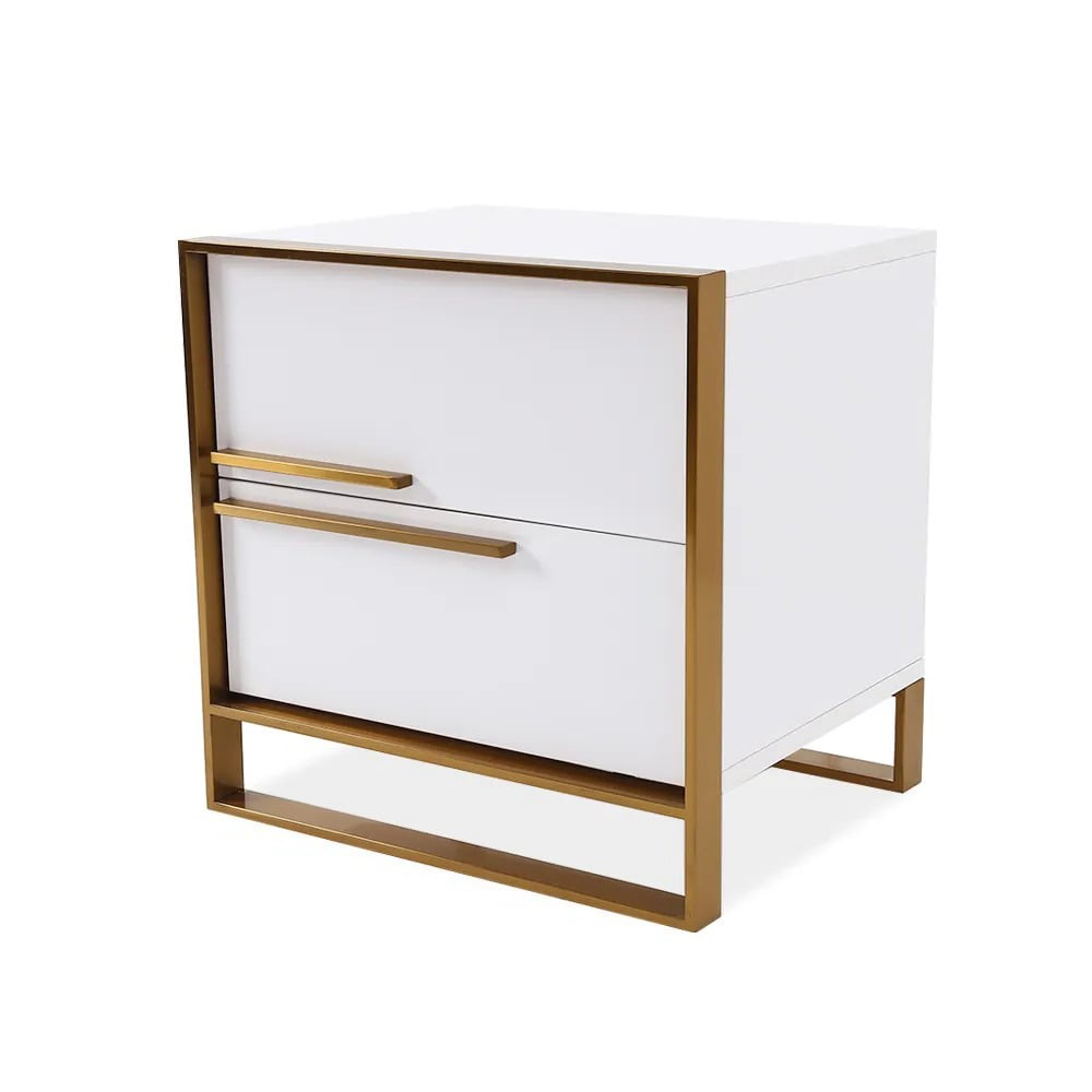 White 2-Drawer Lacquer Nightstand With Gold Base | Homary in Home Square Emma 2 Drawer Nightstand In White And Gold