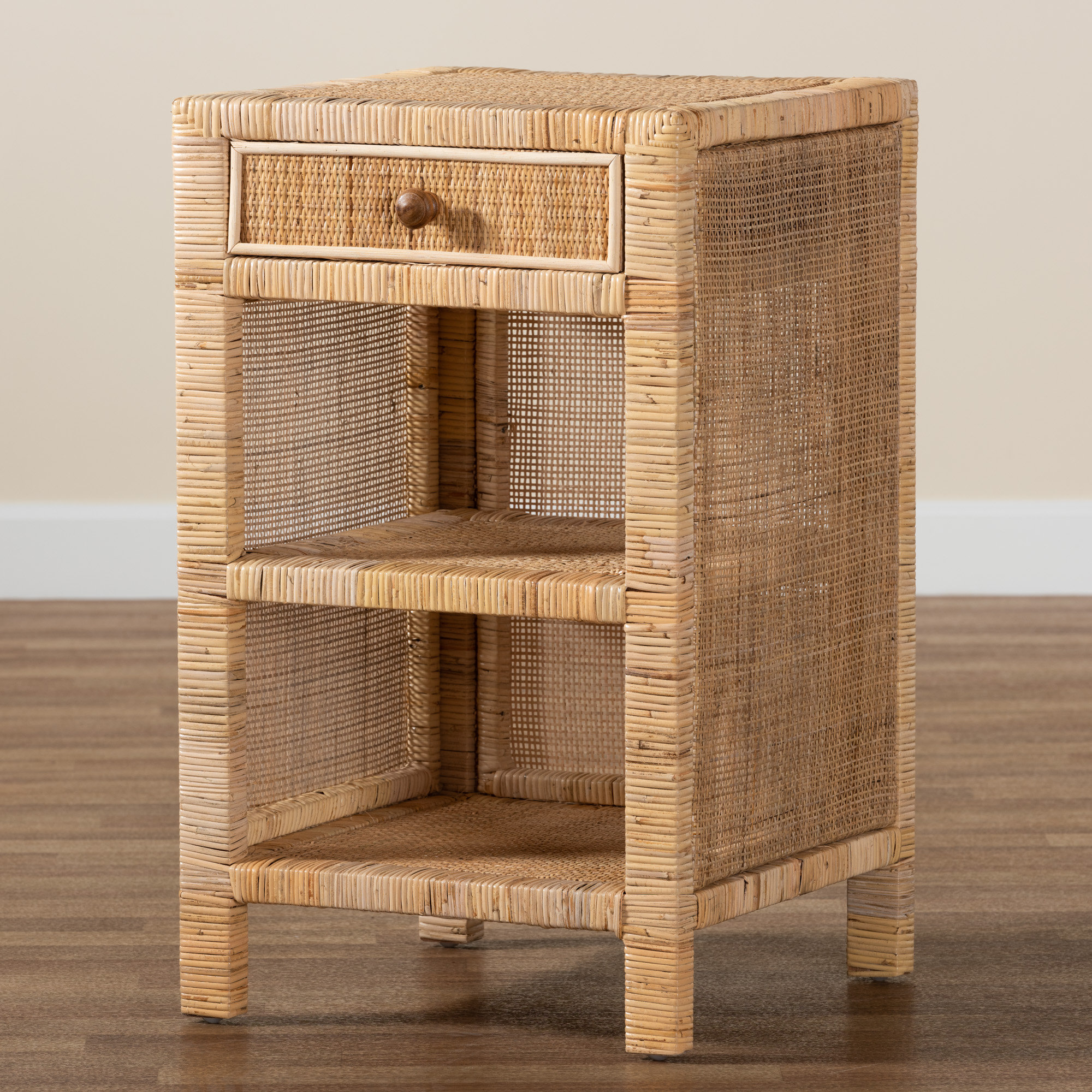 Wholesale Interiors Bella Modern Bohemian Mahogany Wood And Natural ... with regard to Christi Modern Bohemian Natural Brown Rattan 1-Drawer Nightstand