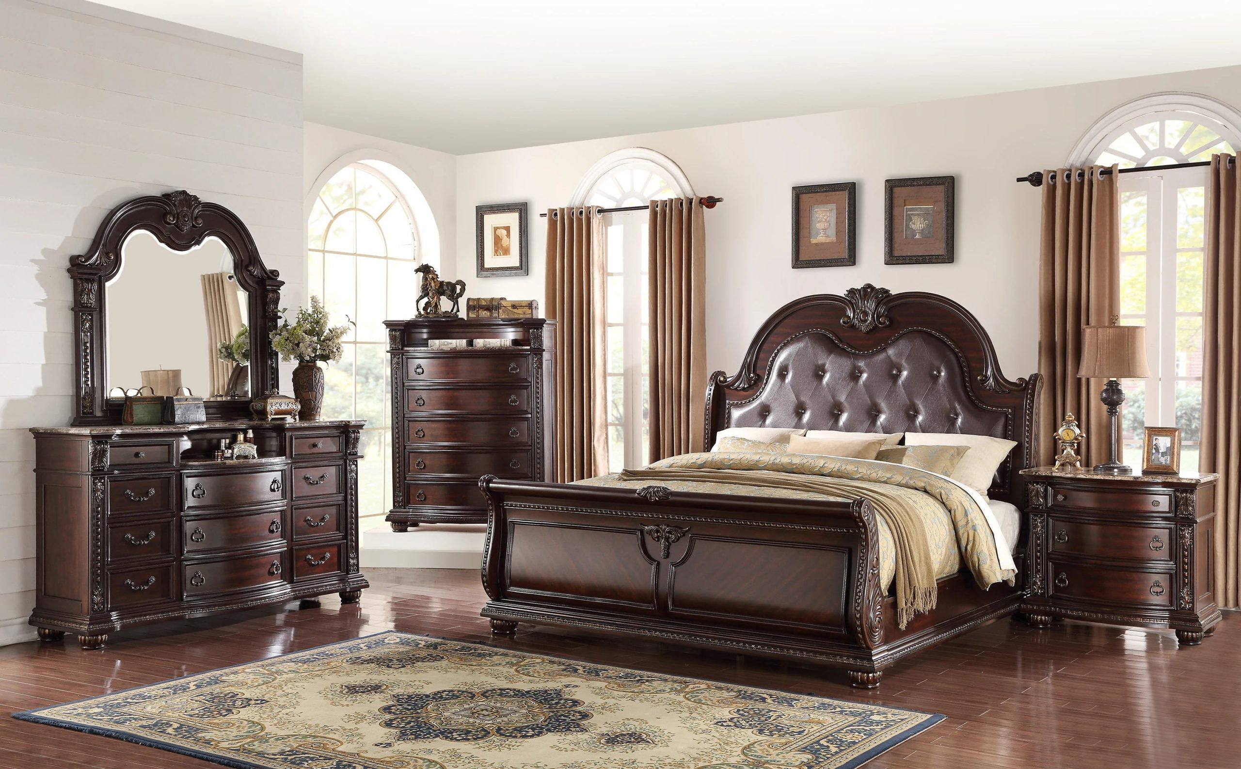 5Pc King Size Bedroom Set With Faux Leather Panel Bed, Cherry Finish ... in Full Size Bedroom Sets Clearance