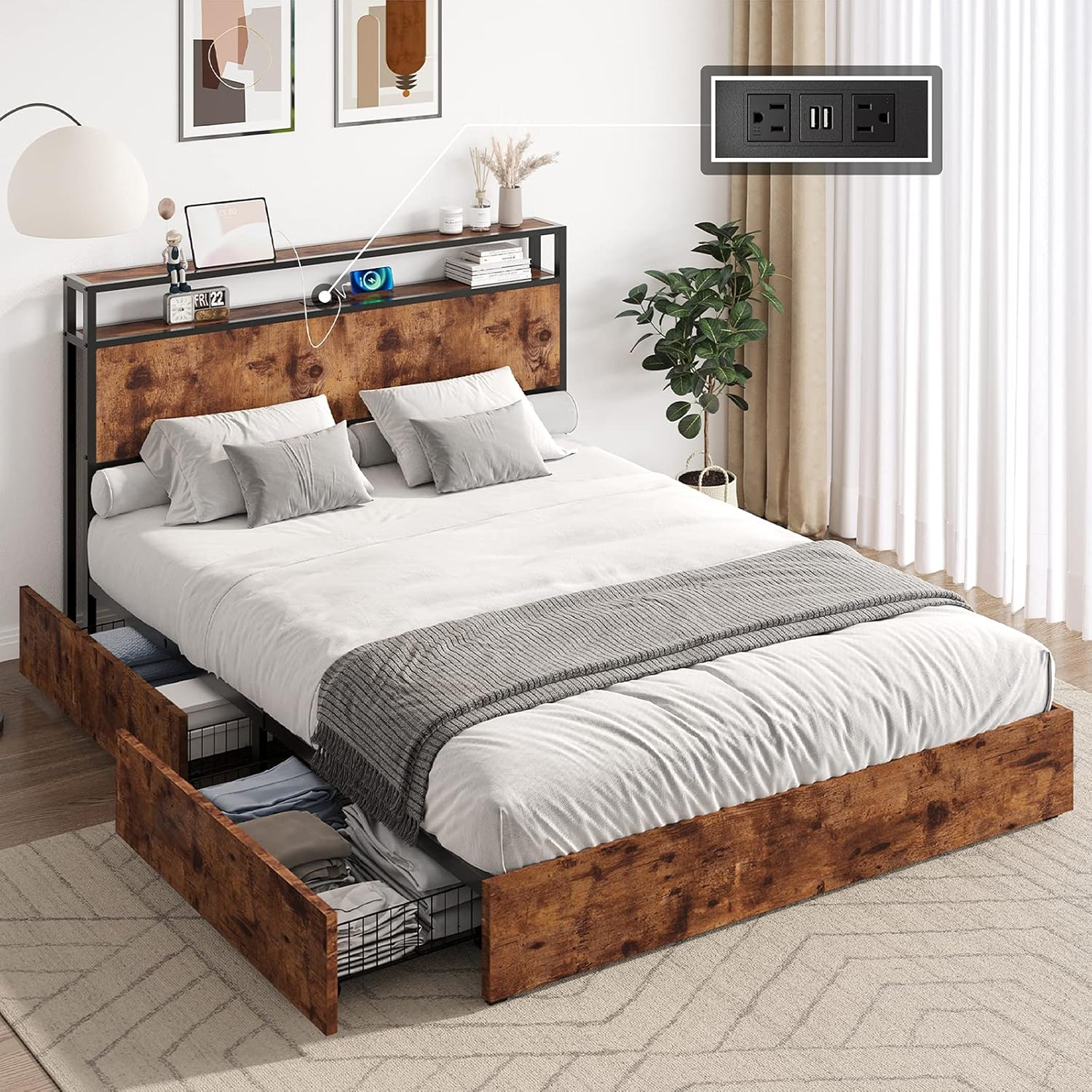 Amazon.com: Amerlife Queen Size Storage Bed Frame, Wooden Platform Bed ... with Understanding the hidden space in queen platform beds with storage