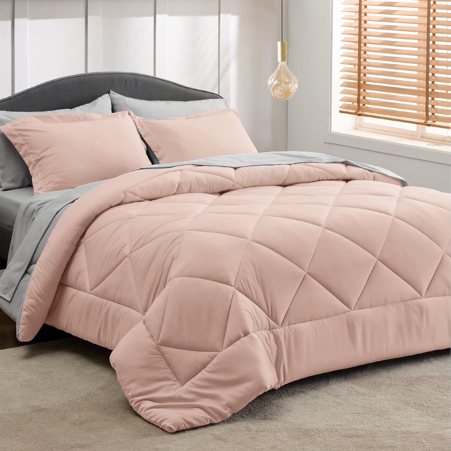 Amazon.com: Bedsure Blush Pink Full Size Comforter Set - 7 Pieces ... intended for Bed In The Bag Full Size