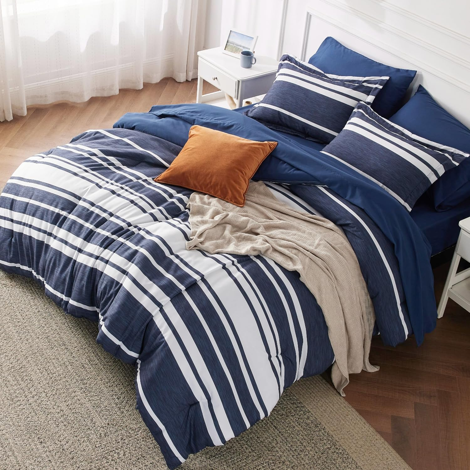 Amazon.com: Bedsure Full Comforter Set 7 Pieces, Navy Striped Bedding ... in The Complete Guide to Choosing Your Perfect Full Size Bed in the Bag