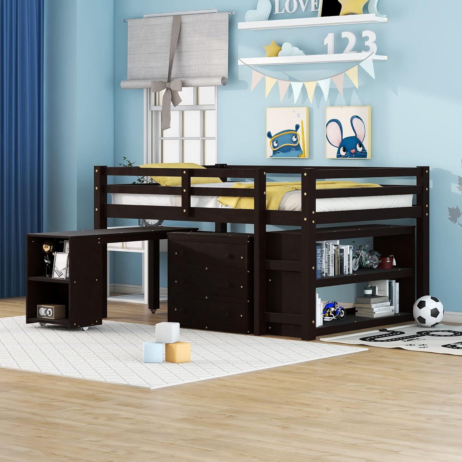 Amazon.com: Bellemave Low Full Loft Bed With Desk And Dresser Wood Kids ... inside Maximizing Small Spaces with Loft Bed Desk and Dresser Combinations