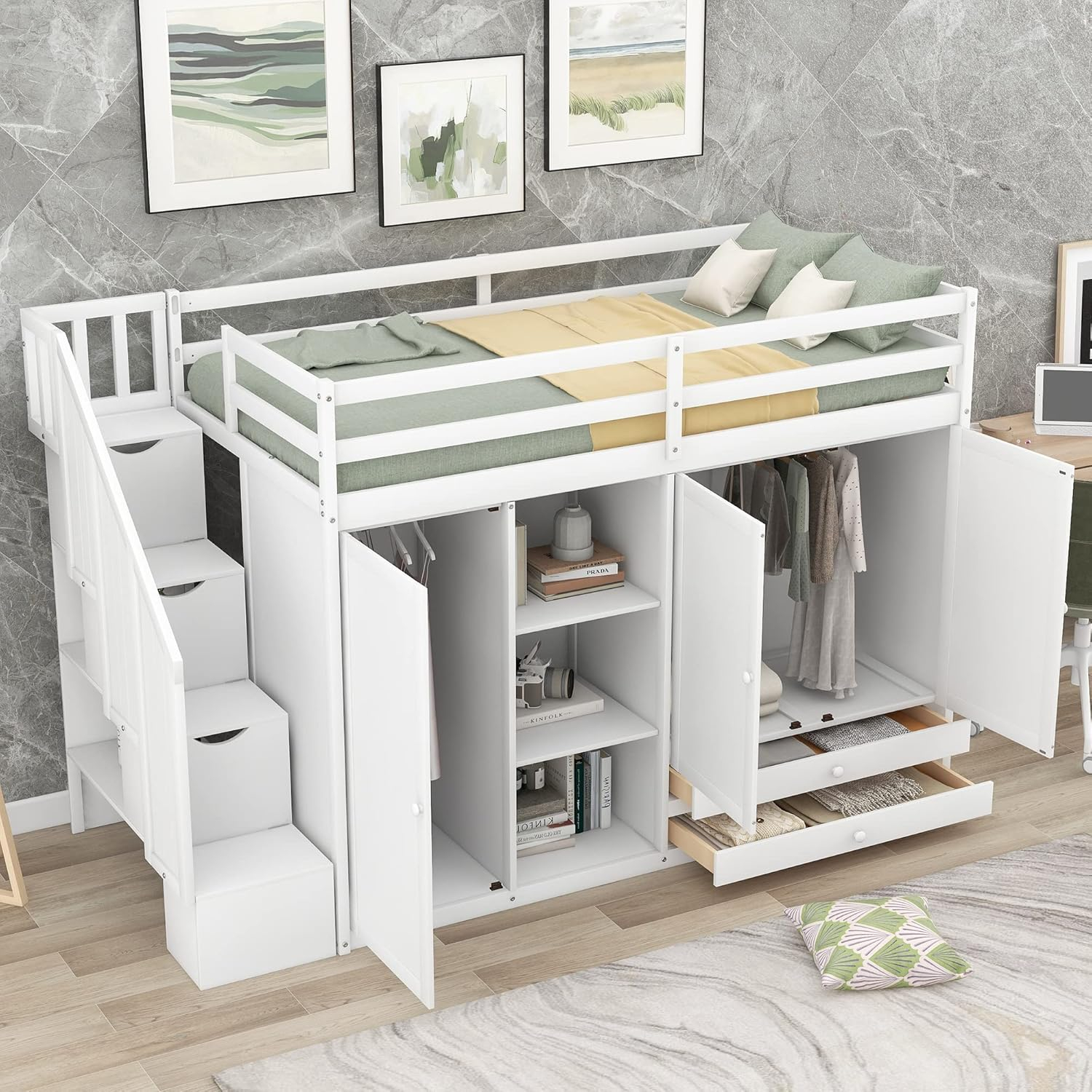 Amazon.com: Bellemave Twin Size Loft Bed With Stairs, Wood Loft Bed ... in Loft Twin Bed With Stairs