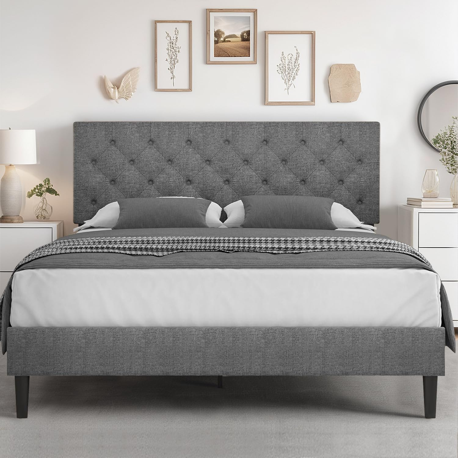 Amazon.com: Hombck Queen Bed Frame With Headboard, Linen Fabric ... pertaining to Grey Wood Queen Bed Frame