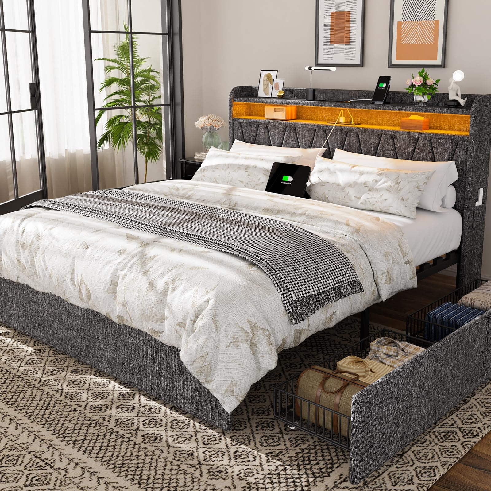 Amazon.com: King Size Bed Frame And 2-Tier Headboard, Upholstered Led ... for Common mistakes to avoid when selecting king bed frame accessories