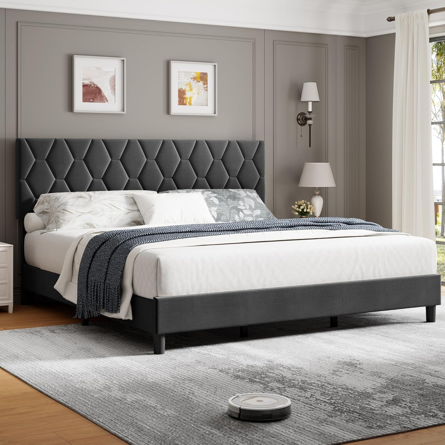 Amazon.com: King Upholstered Bed Frame With Adjustable Headboard, Heavy ... regarding Common mistakes to avoid when selecting king bed frame accessories