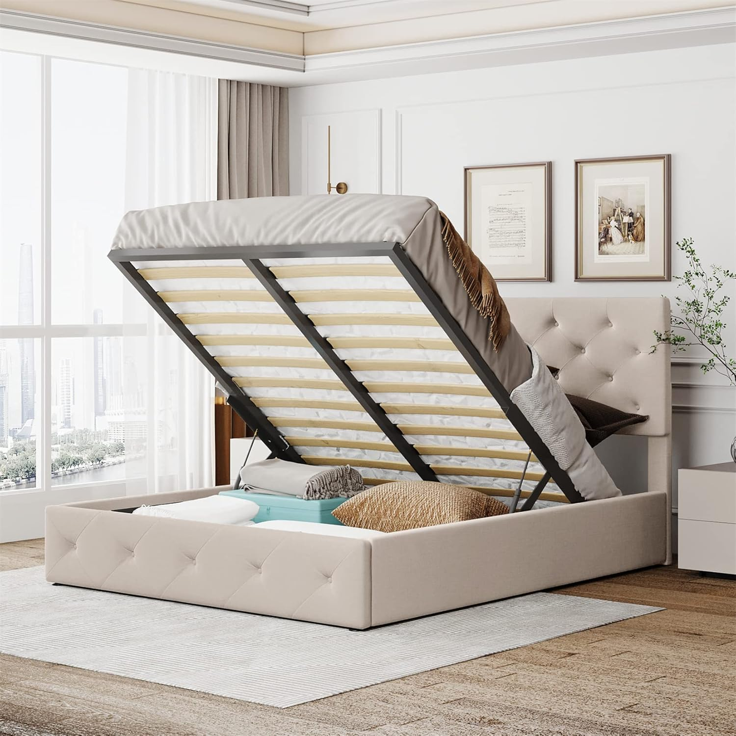 Amazon.com: Lift Up Storage Bed Queen Size Linen Upholstered Platform ... pertaining to Understanding the hidden space in queen platform beds with storage