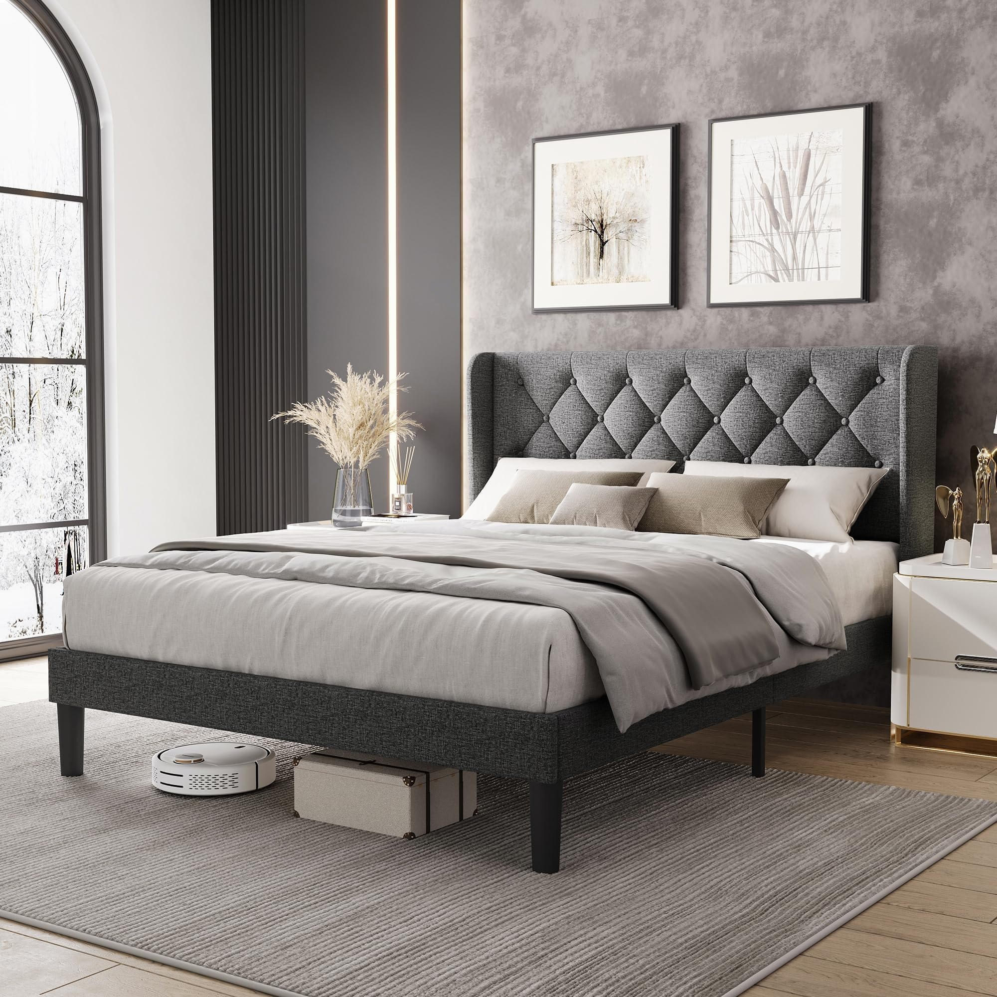 Amazon.com: Linsy Full Size Bed Frame With Headboard, Linen Upholstered ... with Grey Full Size Bed Frame