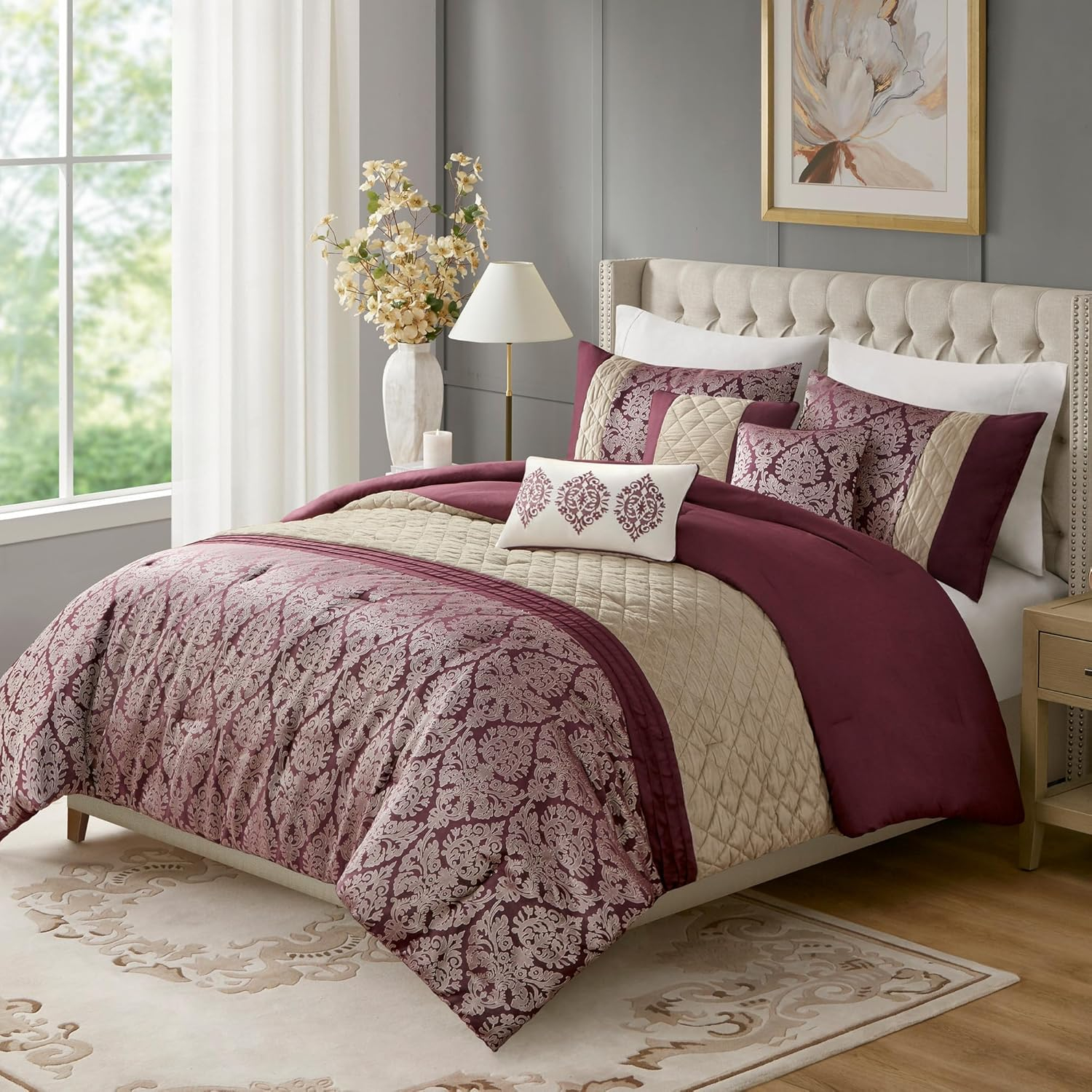 Amazon.com: Madison Park Queen Comforter Set Jacquard Damask Comforters ... within What Size Comforter For Queen Size Bed