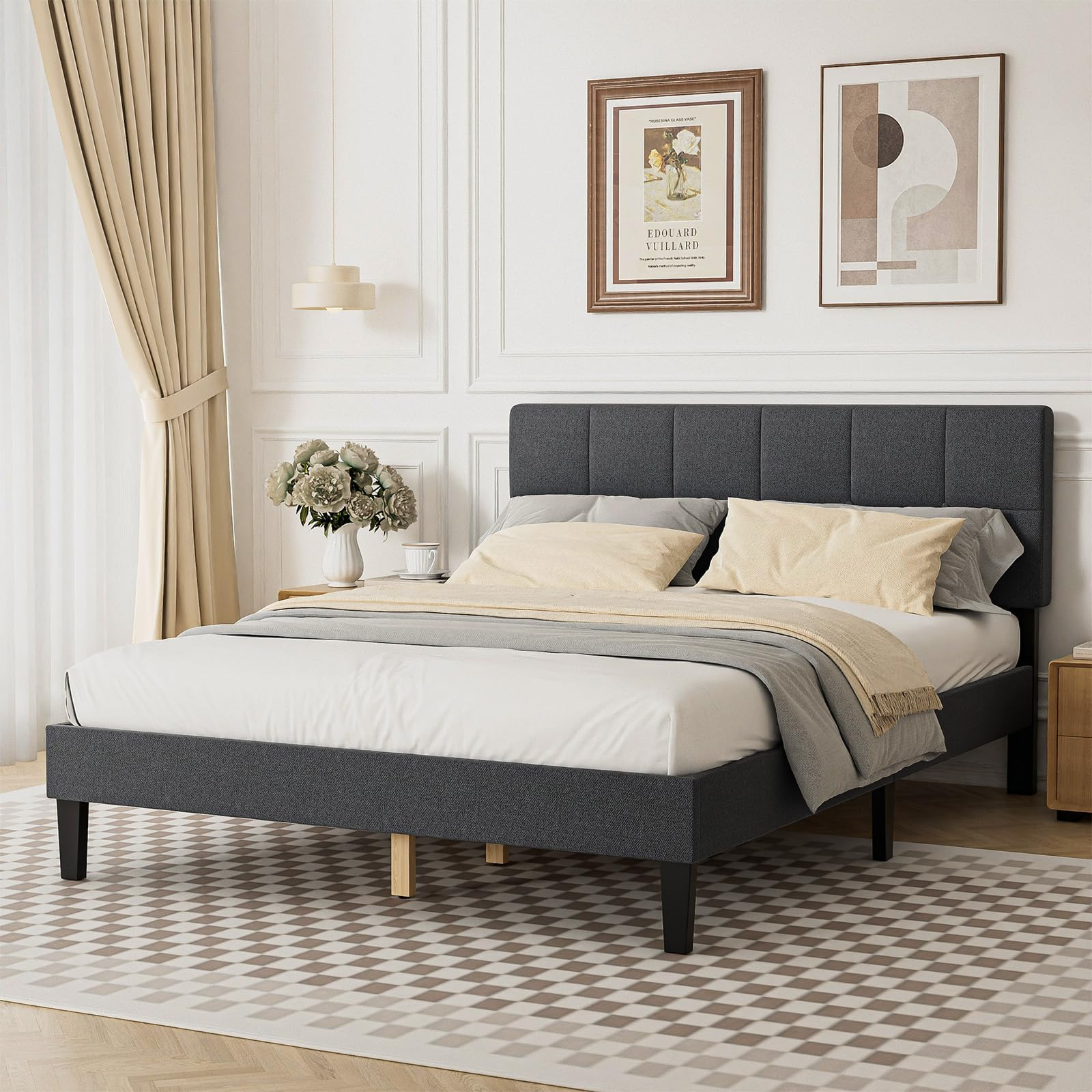 Amazon.com: Sweetcrispy Full Size Bed Frame - Linen Upholstered ... in Grey Full Size Bed Frame