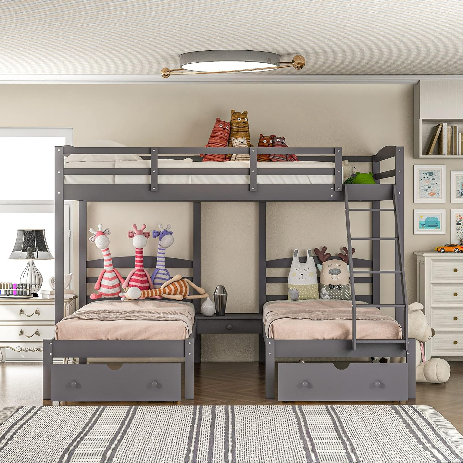 Amazon.com: Triple Bunk Bed Full Over 2 Twin Bunk Bed For 3, Wood ... intended for Creating the Perfect Sleeping Arrangement with Full Size Mattress Bunk Beds