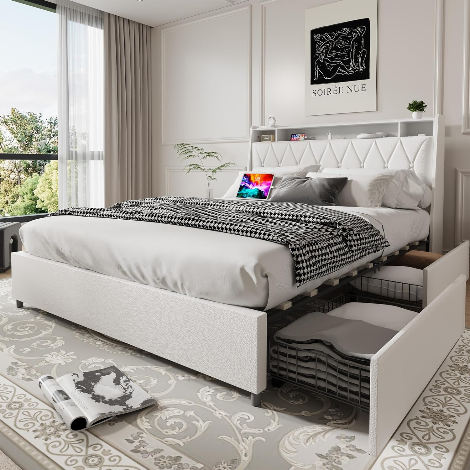Amazon.com: White Full Bed Frame With Headboard, Metal Platform Bed ... regarding White Full Bed Frame With Storage