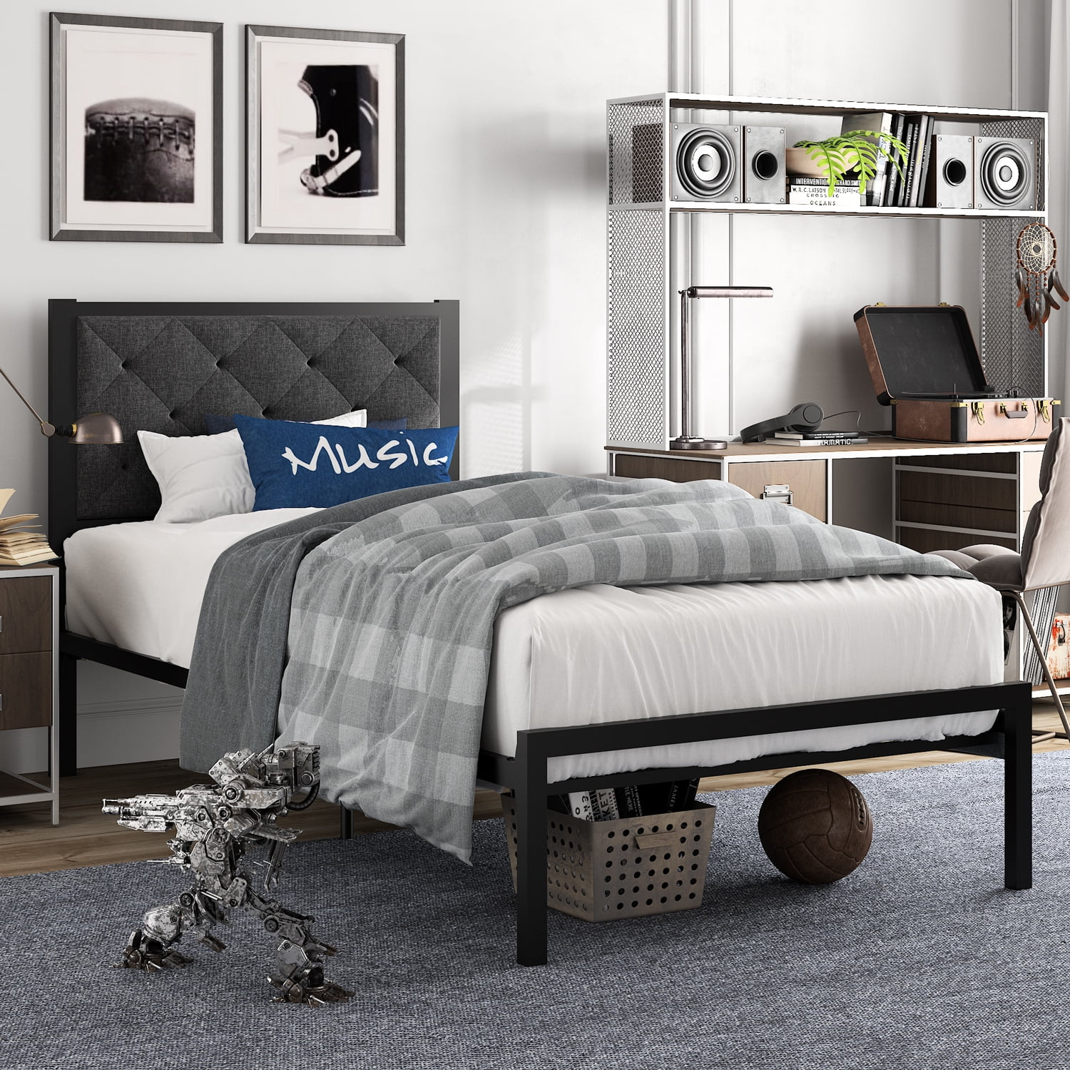 Amolife Twin Size Metal Bed Frame With Upholstered Headboard, Dark Gray ... in The ultimate guide to choosing the right metal bed frame for your twin size bed