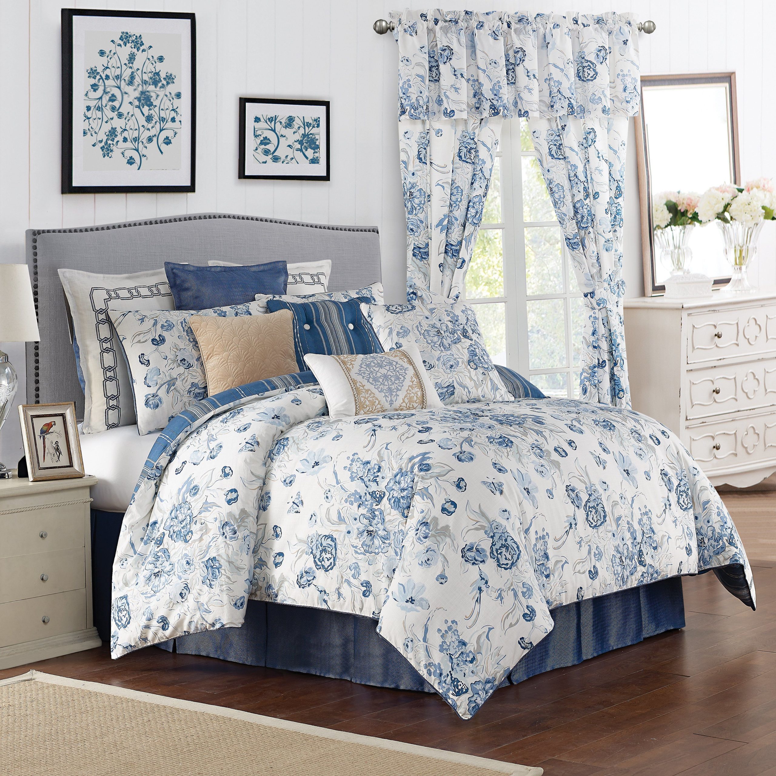 Ardenelle Blue Floral Comforter Set - Best Queen Size Bedding throughout Blue And White Floral Bedspread