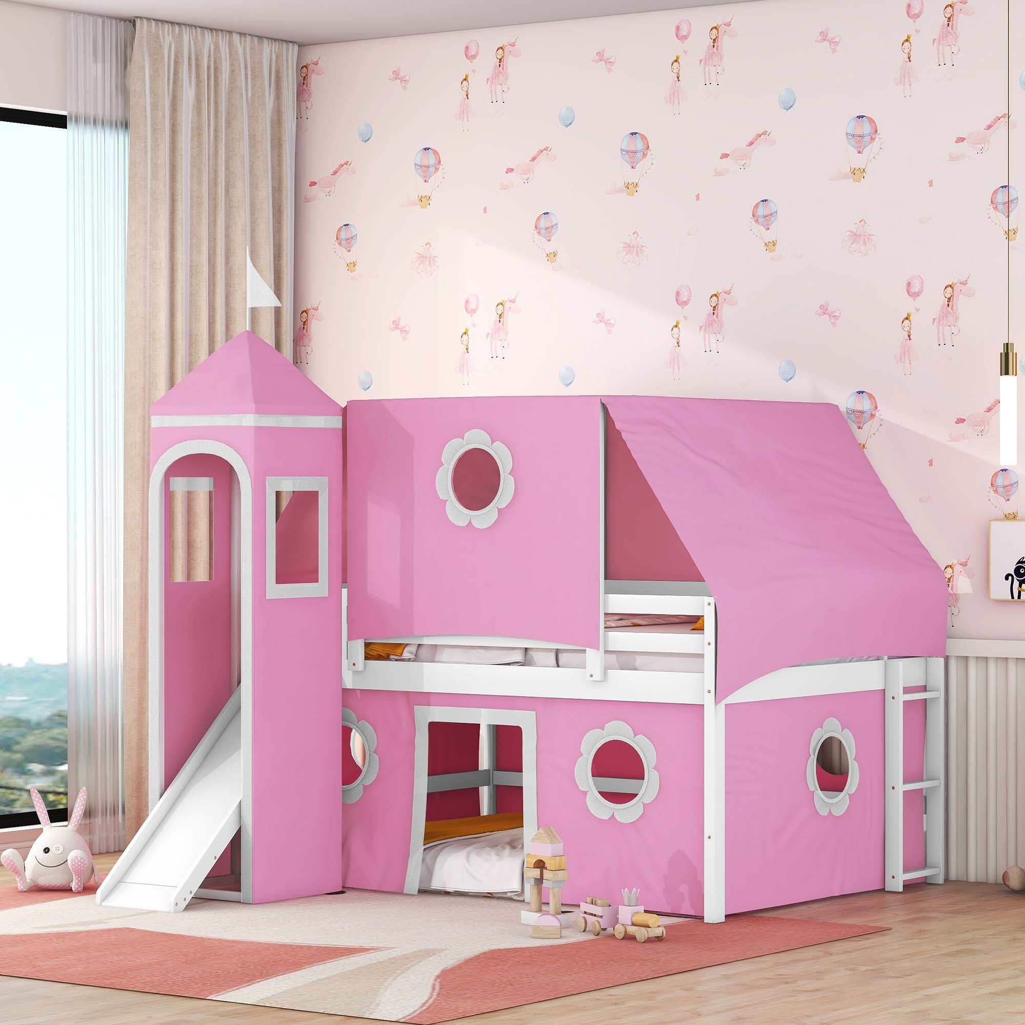 Aukfa Full Size Loft Bed With Slide - Princess Castle Bed With Tent And ... throughout Princess Bunk Bed With Slide