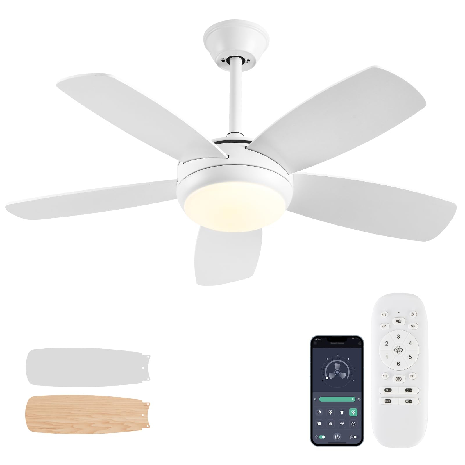 Ayaoty 42 Inch White Ceiling Fans With Lights And Remote Control ... throughout White Ceiling Fan With Light For Bedroom
