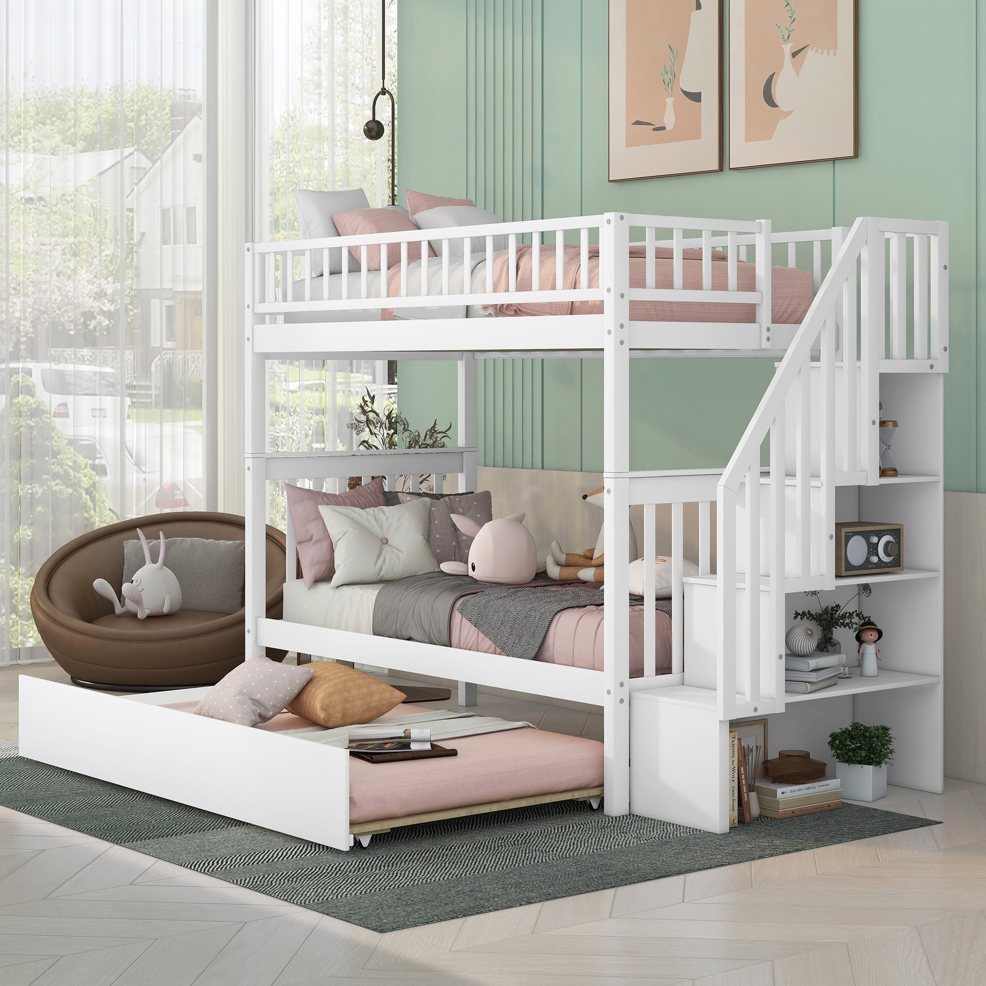 Bellemave Twin Over Twin Wooden Bunk Bed - Trundle, Storage Stairs ... intended for Everything you need to know about childrens bed configurations with storage