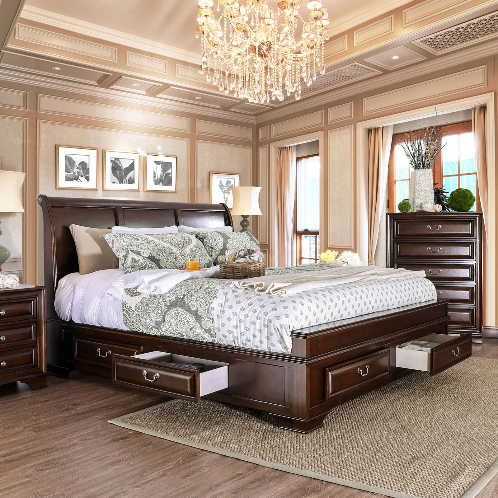 Brown Cherry Storage King Size Bed 1Pc Set Bedroom Furniture Solid Wood ... with The Hidden Benefits of Integrated Storage in King Size Bedroom Furniture