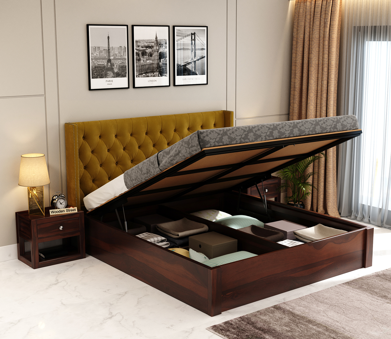 Buy Drewno Sheesham Wood Upholstered Bed With Hydraulic Storage (King ... with regard to How to Choose the Right Wooden King Size Bed With Storage for Your Home