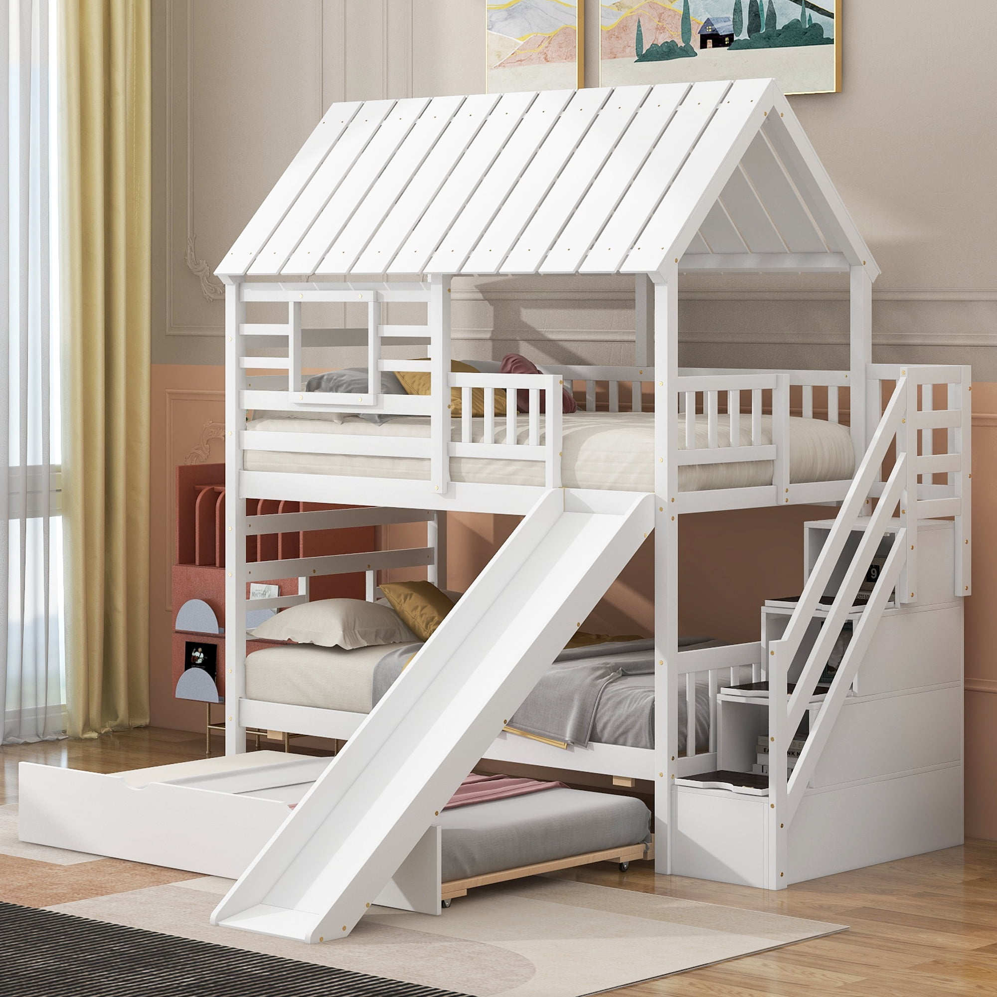 Churanty Twin Over Twin House Bunk Beds With Slide, Twin Bunk Bed With ... in Bunk Bed With Slide And Stairs