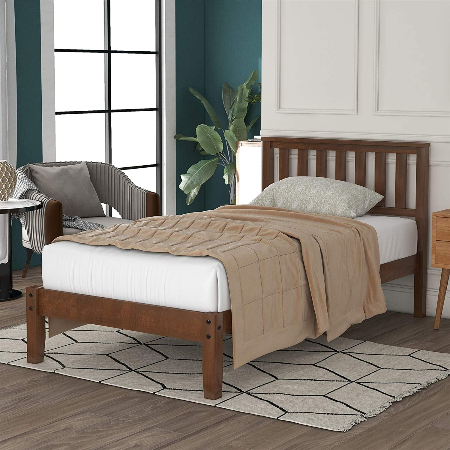 Churanty Twin Size Wood Bed Frame With Headboard,Walnut - Walmart.com intended for Maximizing comfort and support with quality twin size wood bed frames