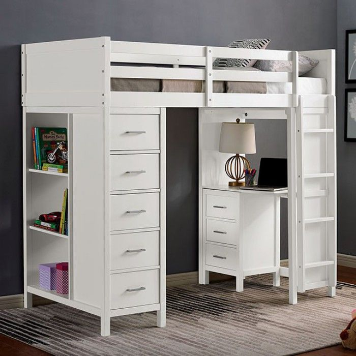 Cm-Bk970 Cassidy White Finish Wood Twin Loft Bunk Bed With Bookcase ... for White bunk bed with desk creating smart small space solutions