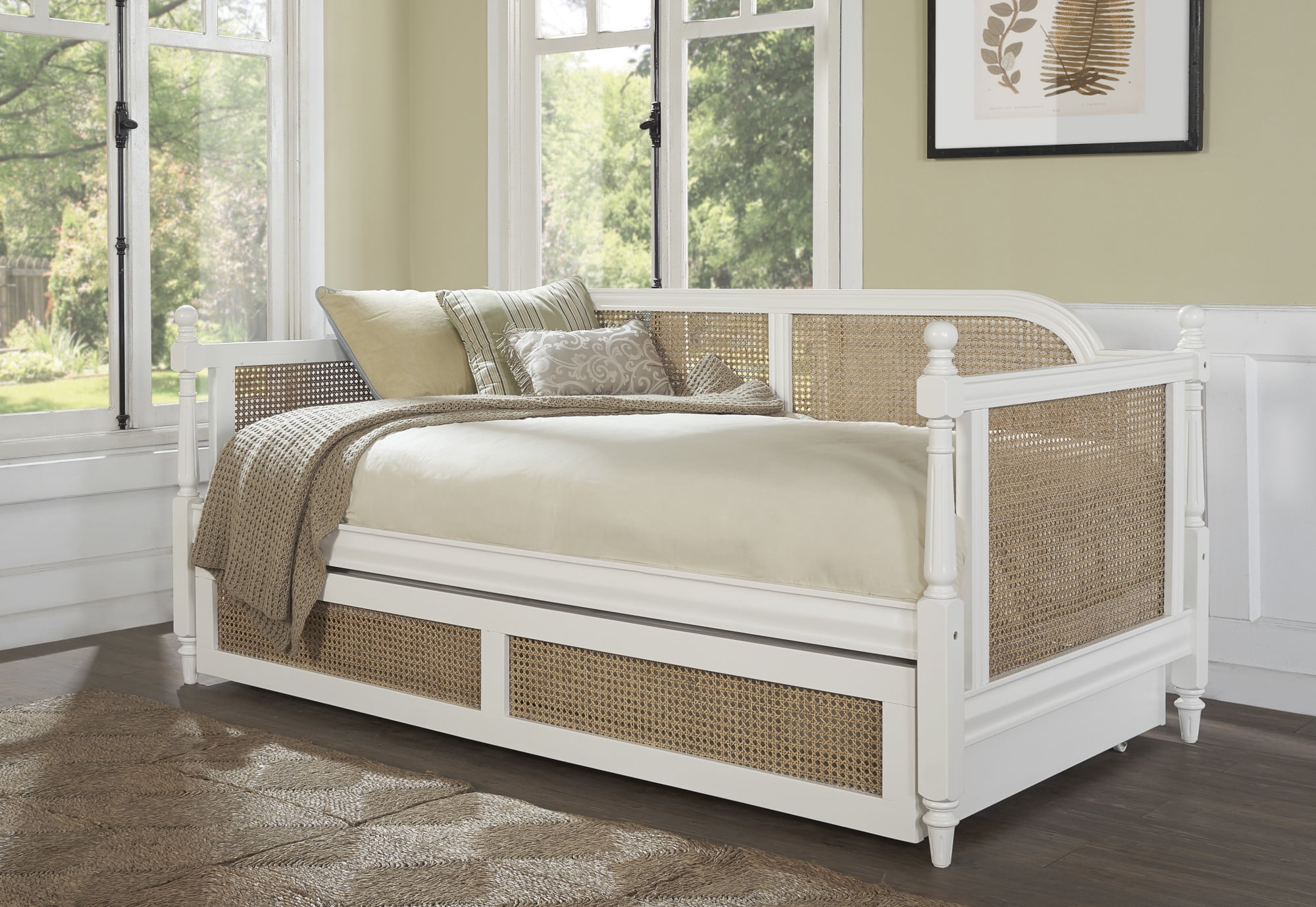 Desert Fields Melanie Wood And Cane Twin Daybed With Trundle, White ... inside Design Tips for Incorporating White Twin Daybeds with Trundle into Modern Bedrooms