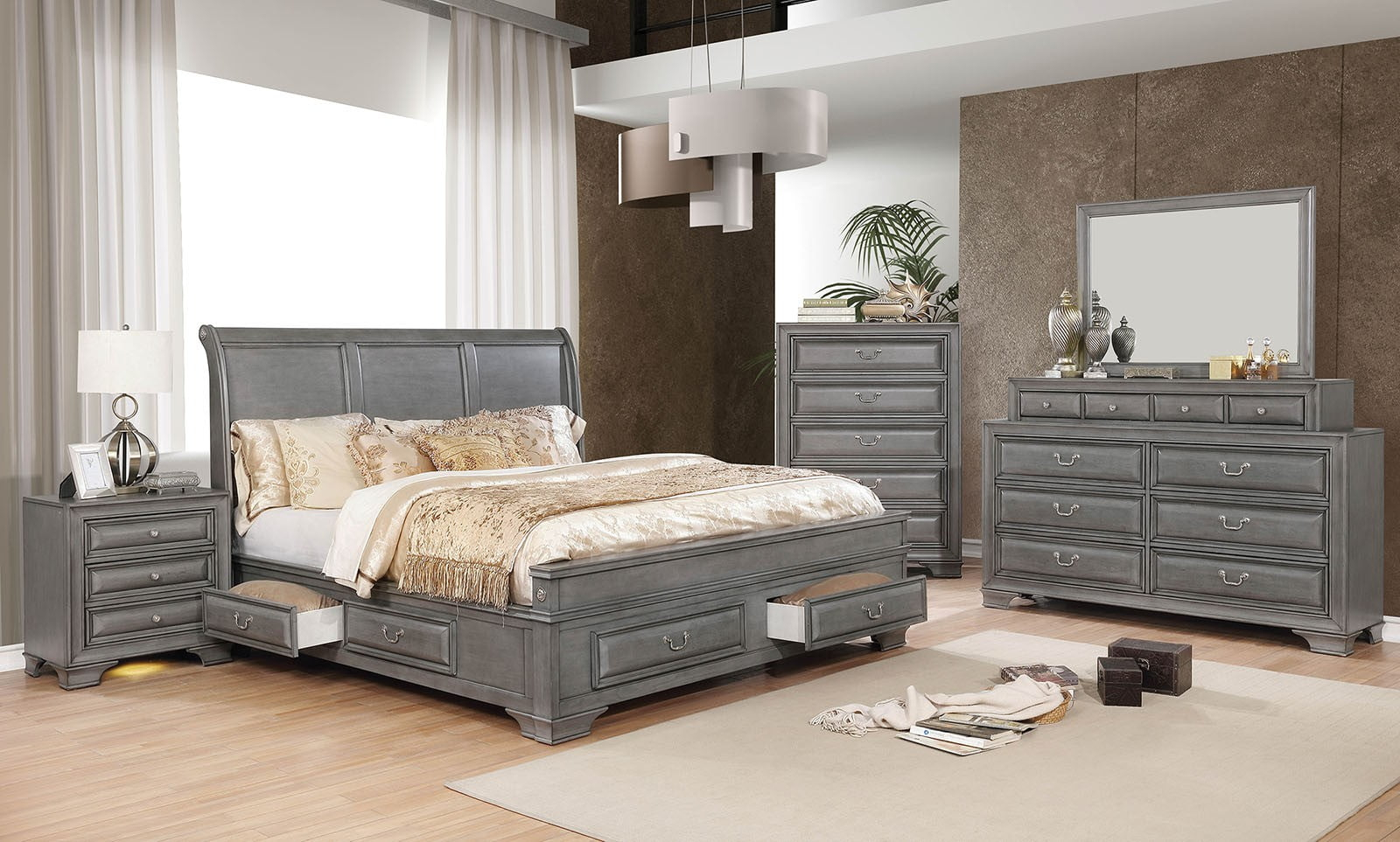 Elegance 3Pc Bedroom Furniture Set Transitional Solid Wood Queen Size ... regarding Queen Storage Bed Bedroom Sets