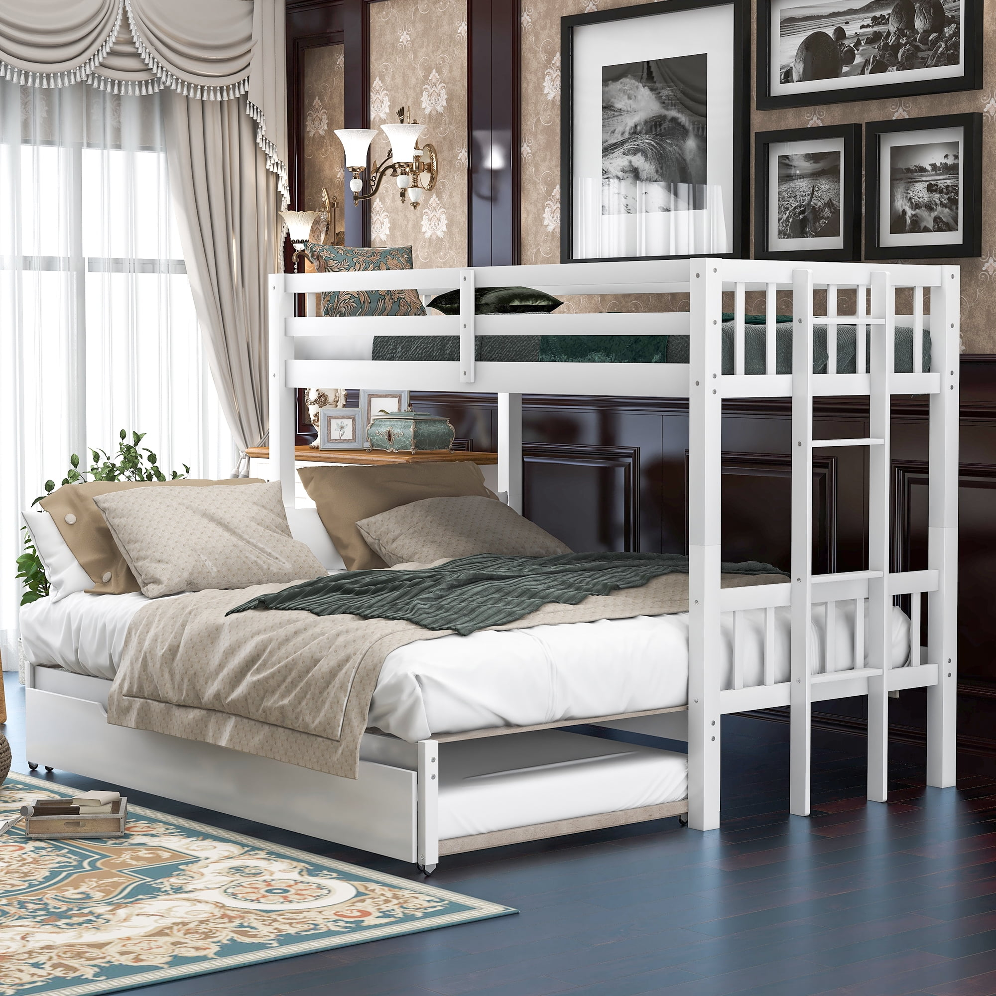 Euroco Wood Twin Over Twin/King Bunk Bed With Trundle For Kids Teens ... pertaining to Understanding the Space-Saving Benefits of Twin Over King Bunk Beds