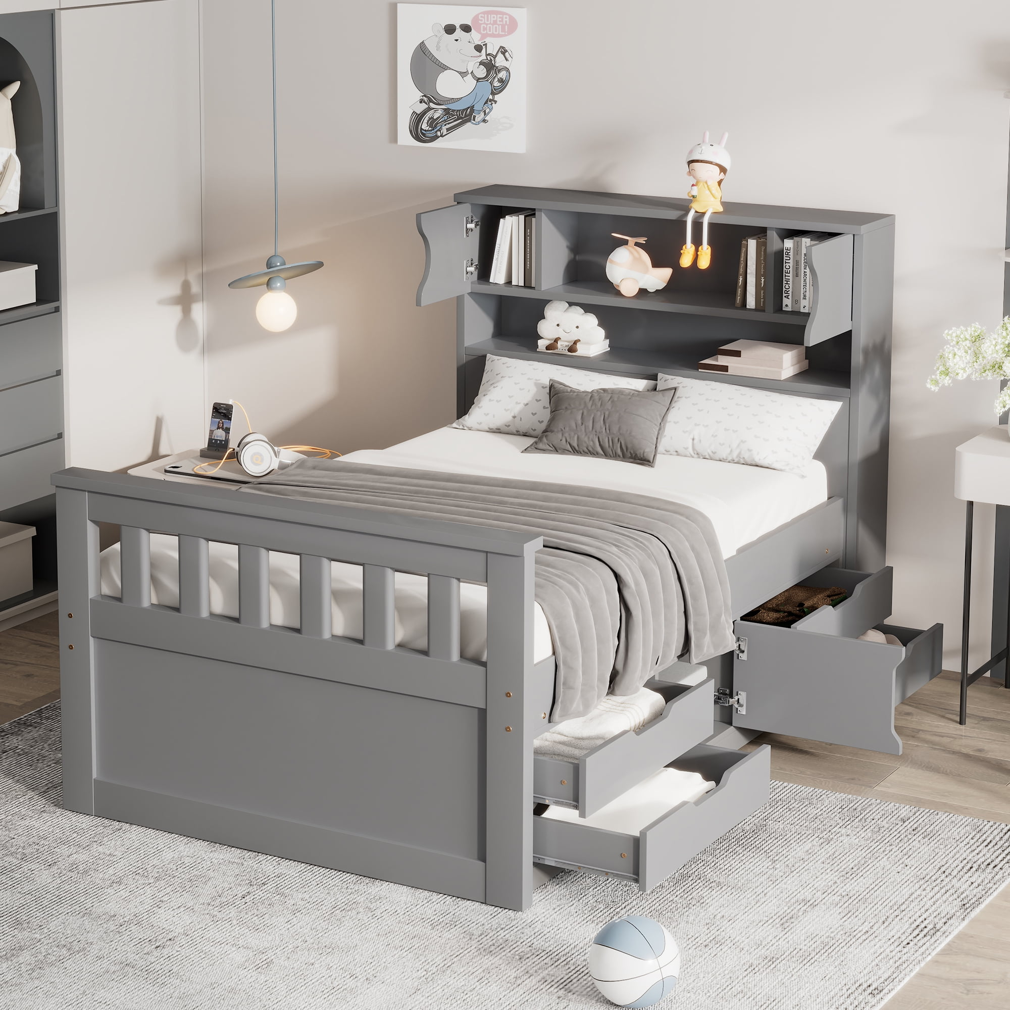 Euroco Wood Twin Size Platform Bed With Storage Headboard, Captain Bed ... for Captain Twin Bed With Storage