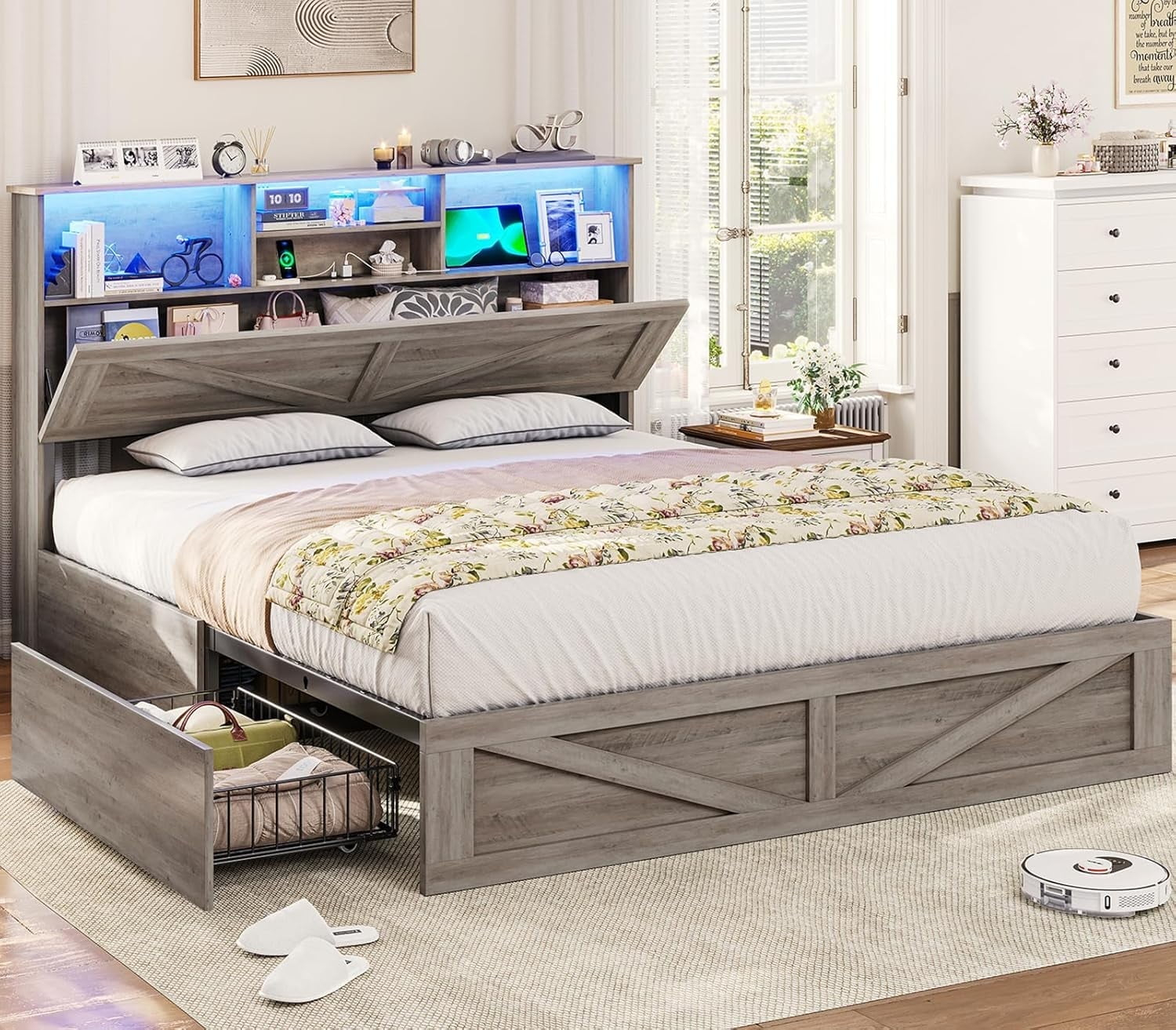 Farmhouse Bed Frame Queen Size With Bookcase Storage Headboard, Shelves ... pertaining to Grey Wood Queen Bed Frame
