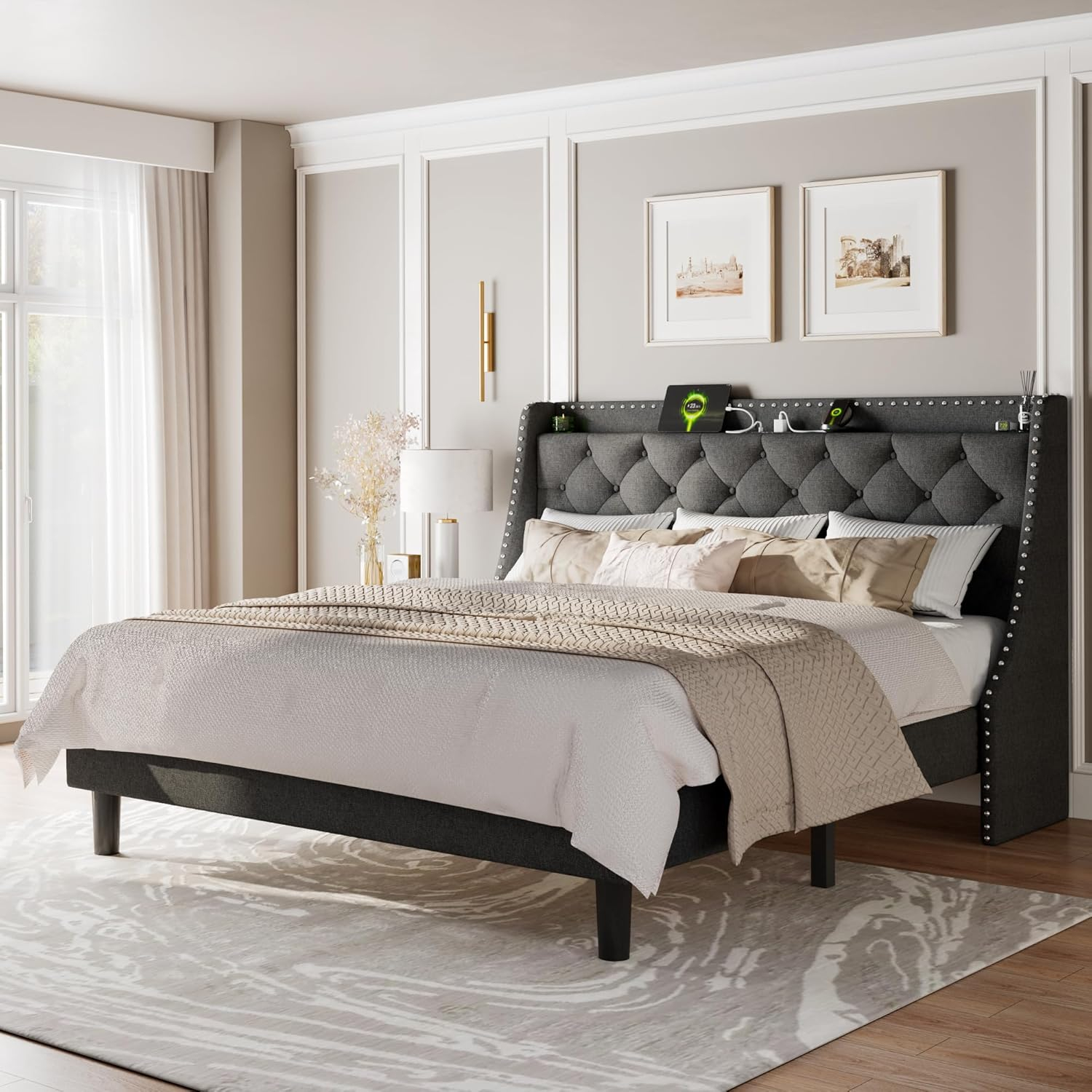 Feonase King Size Bed Frame With Luxury Wingback And Fast Charging ... within King Headboard And Bed Frame