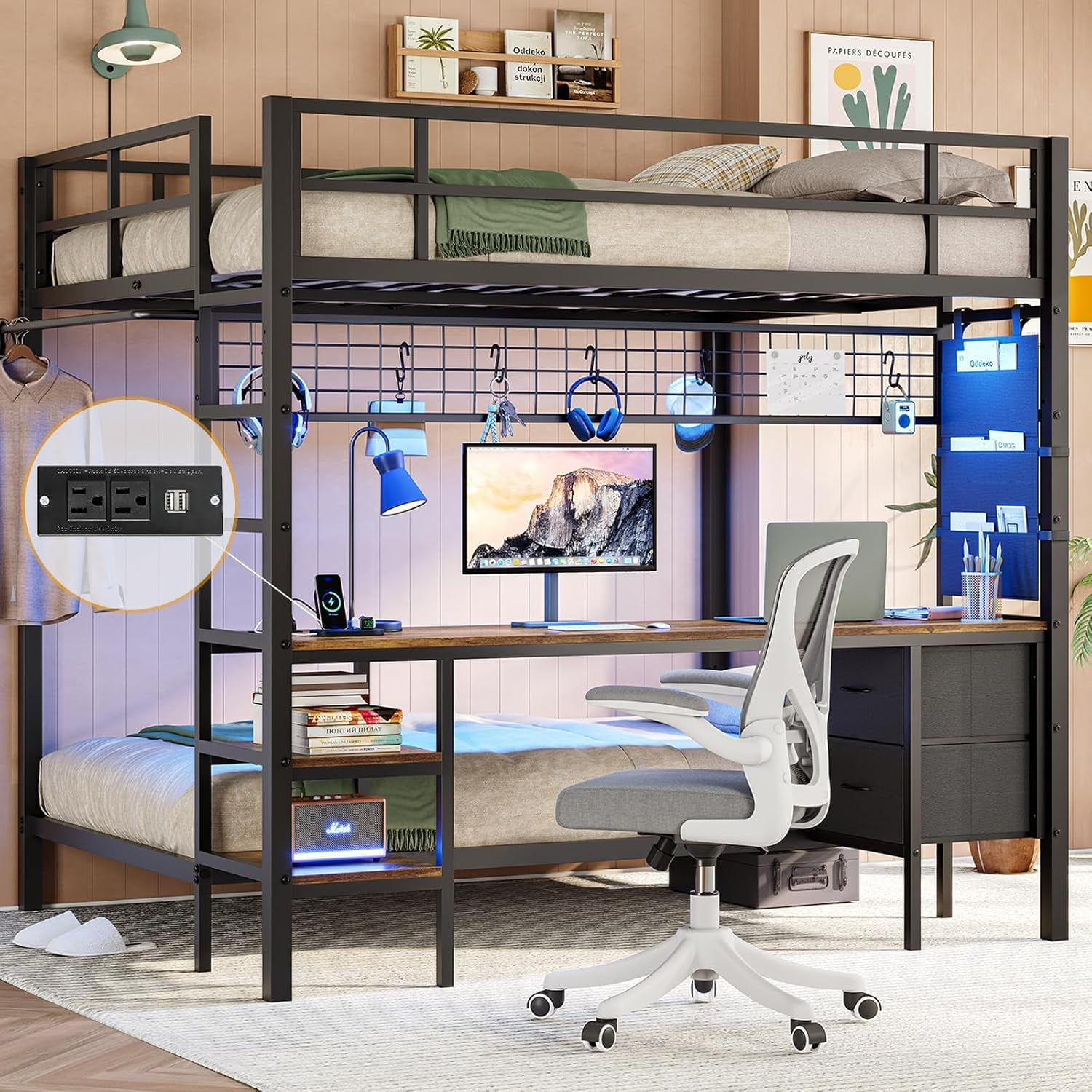 Full Size Bunk Bed Metal Full Over Twin Loft Bed With Desk&Charging ... in Twin Over Desk Loft Bed