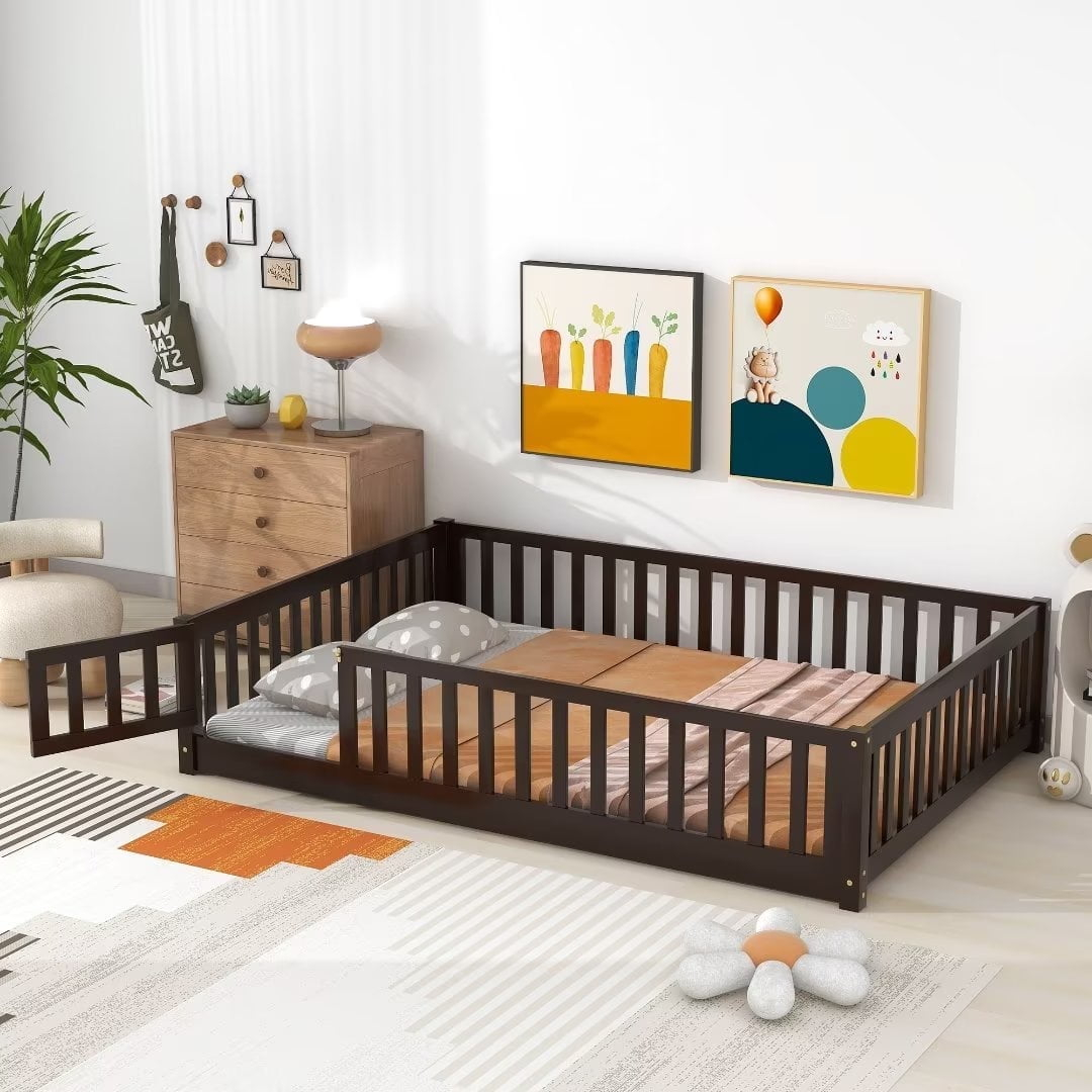 Full Size Wooden Floor Bed For Kids, Montessori Bed Frame With Safety ... throughout Comparing Traditional and Contemporary Full Size Floor Bed Solutions with Rails