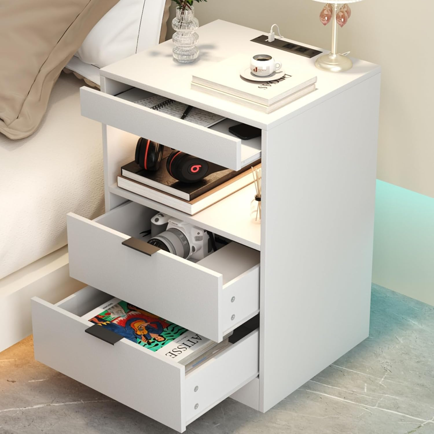 Gadroad Led Nightstand Bedside Table With Charging Station, End Table ... inside Bedside Table Pull Out Tray