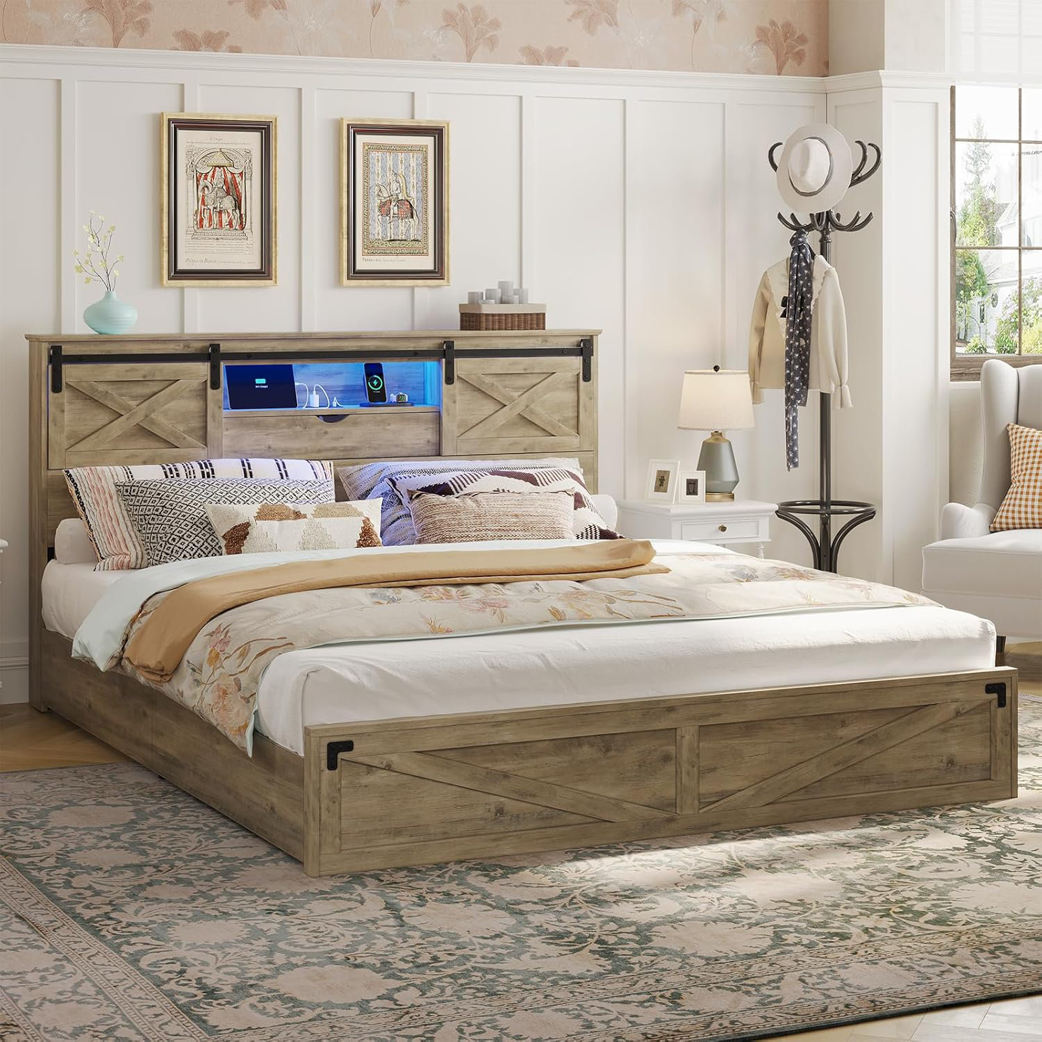 Gracie Oaks California King Farmhouse Bed Frame With Storage Bookcase ... pertaining to Rustic California King Bed Frame