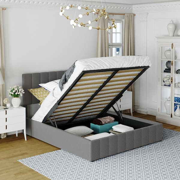 Gray Queen Size Upholstered Platform Bed With A Hydraulic Storage ... pertaining to Queen Platform Beds With Storage
