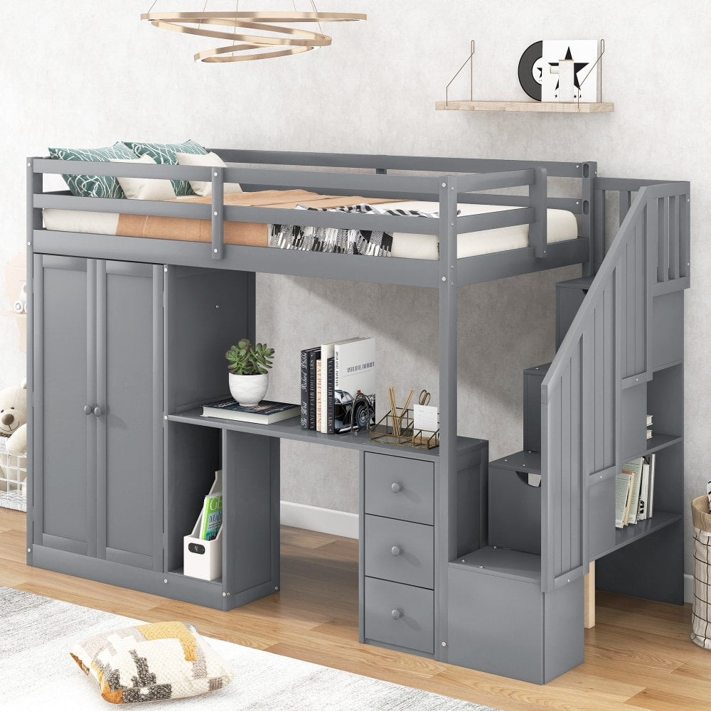 Gzxs Loft Bed, Wood Twin Size Loft Bed With Desk, 3 Drawers, Storage ... pertaining to Twin Loft Beds With Desk