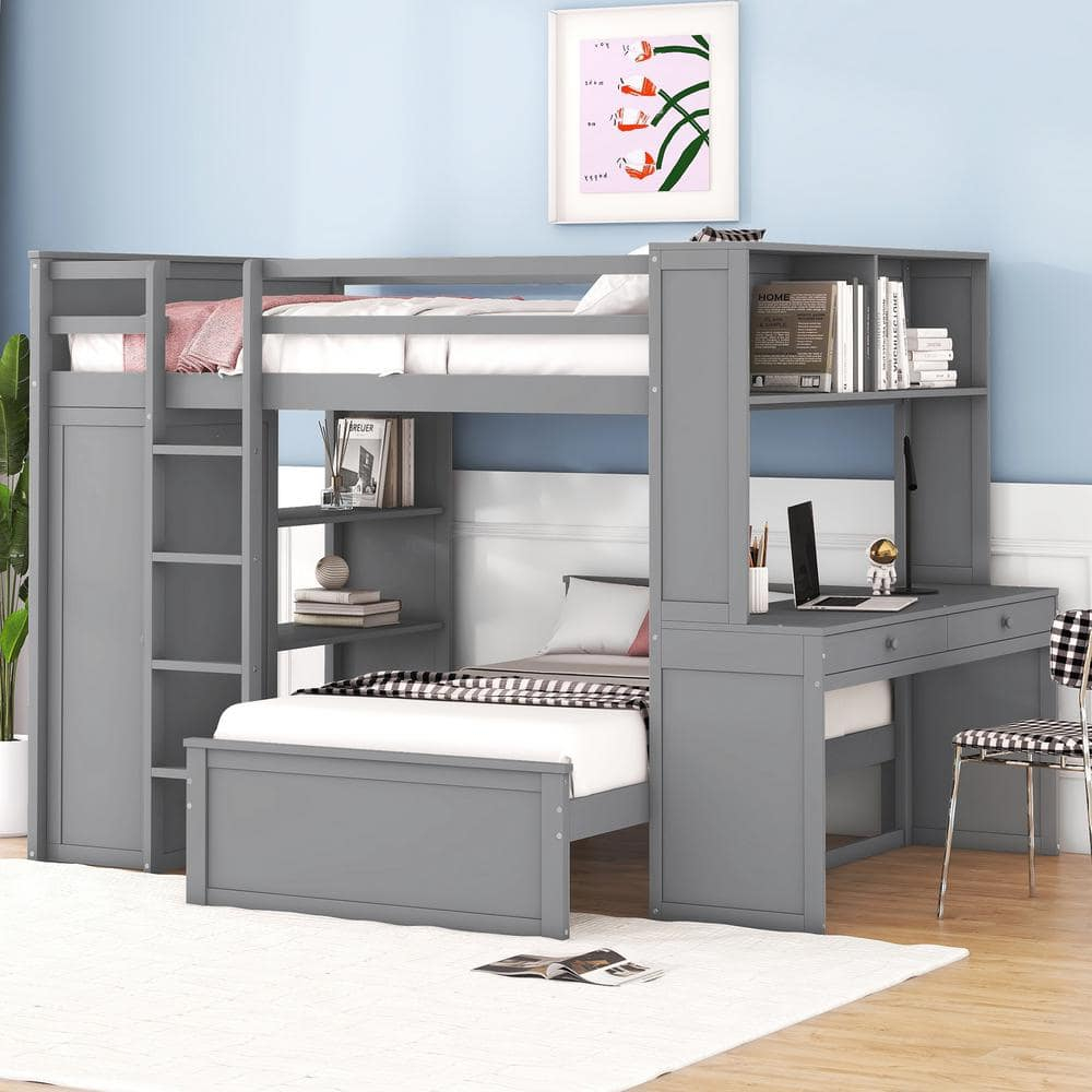 Harper & Bright Designs Gray Full Size Wood Bunk Bed With Wardrobe ... for The Ultimate Guide to Maximizing Your Bedroom with a Full Size Bed and Desk Setup