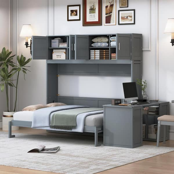 Harper & Bright Designs Gray Wood Frame Queen Size Murphy Bed Wall Bed ... with regard to Queen Size Wall Bed With Desk