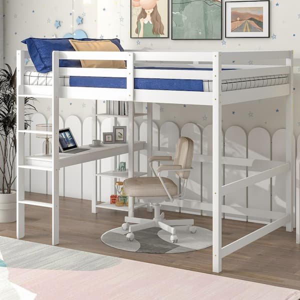 Harper & Bright Designs White Full Size Wooden Loft Bed With Built-In ... with regard to Transforming bedroom layout with integrated sleeping and working spaces