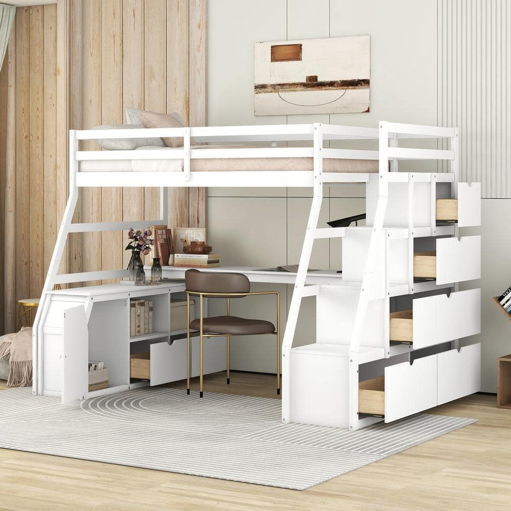 Harper & Bright Designs White Twin Size Loft Bed With Built- In Desk, 7 ... in Twin Loft Beds With Desk