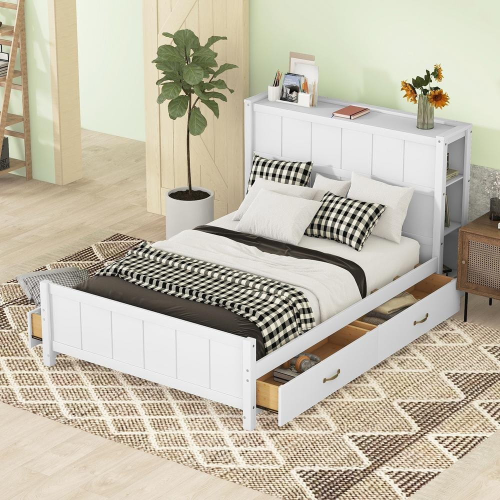 Harper & Bright Designs White Wood Frame Full Size Platform Bed With 4 ... throughout Understanding storage options in modern white full bed frames