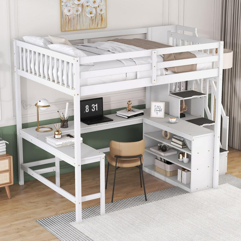 Harper & Bright Designs White Wood Full Size Loft Bed With L-Shaped ... for White Bunk Bed With Desk