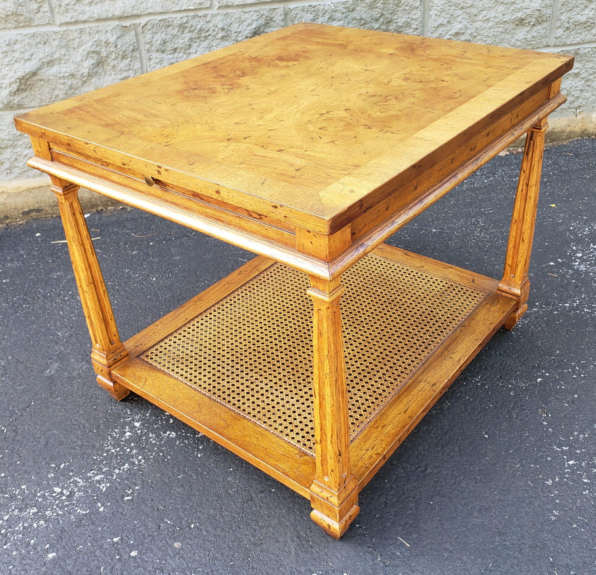 Heritage American 2-Tier Burl Fruitwood And Cane Side Table W Pull-Out ... inside Bedside Table Pull Out Tray