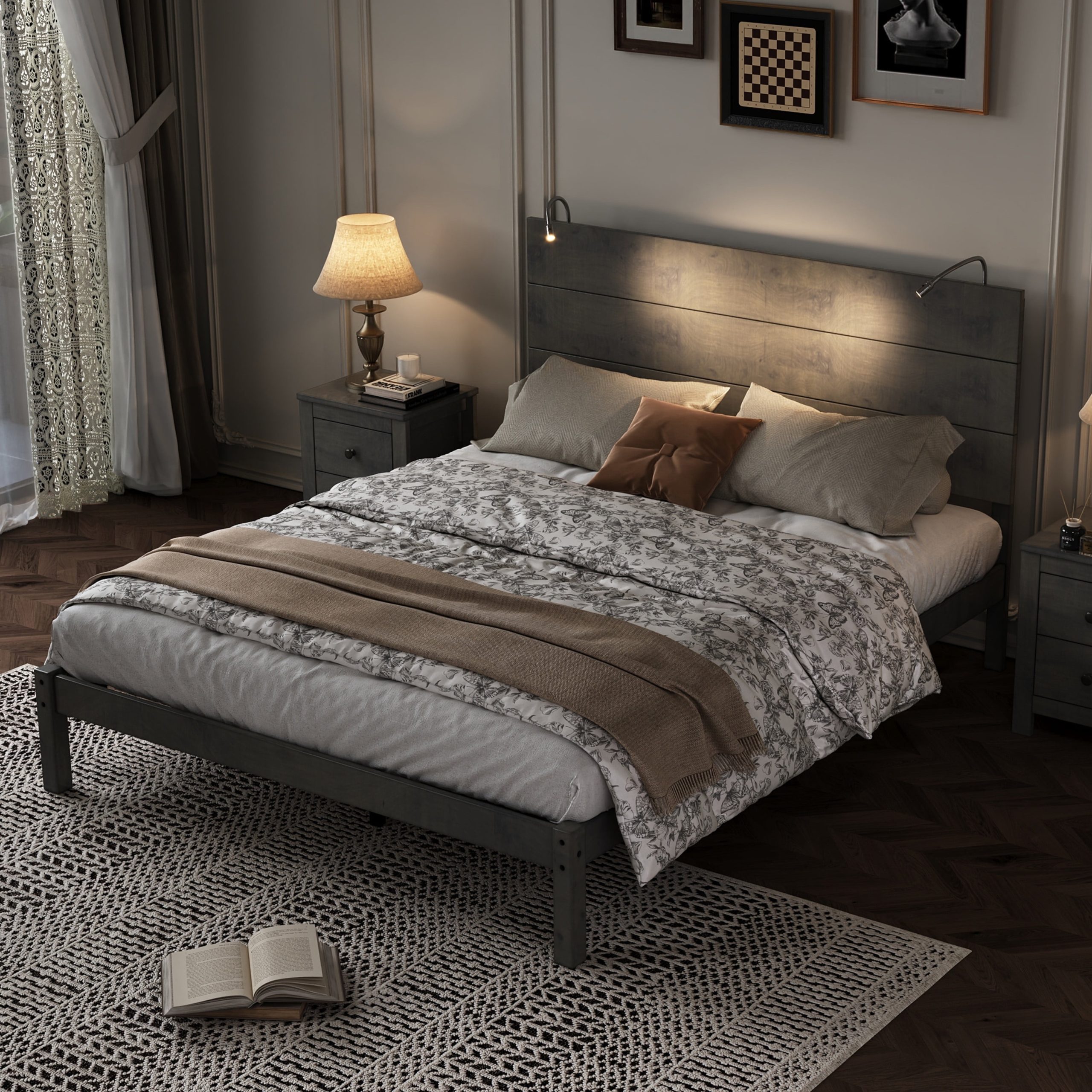 Irerts Queen Platform Bed Frame With Bedside Lights, Farmhouse Wooden ... in Understanding the durability and design of grey wood queen bed frames